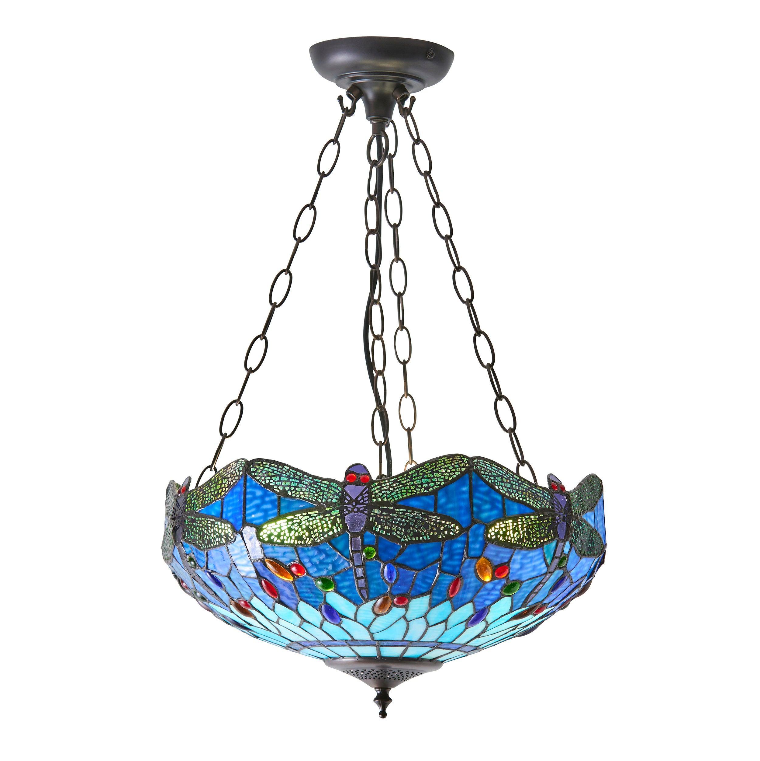 Blue Dragonfly Tiffany Style Inverted Ceiling Light - Elegant Vintage Chandelier for Dining Room, Bedroom & Living Room Lighting