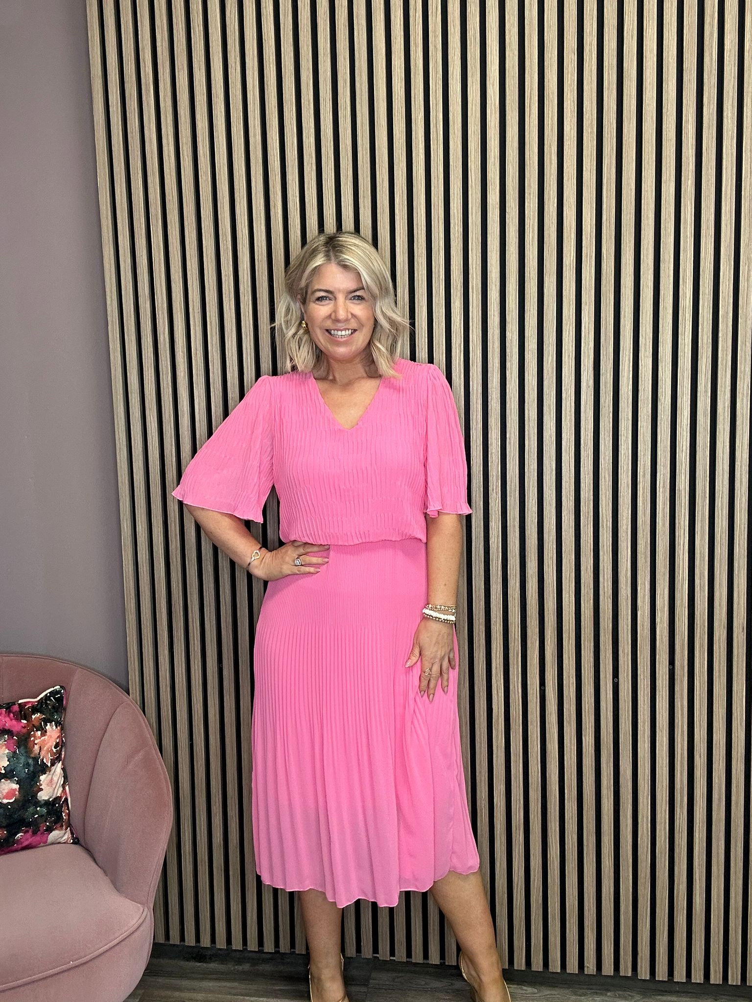 Layla Plisse Midi Dress for Women - Flowy Pink Ruffled Party Dress | Perfect for Cocktail Parties, Weddings & Summer Vacations