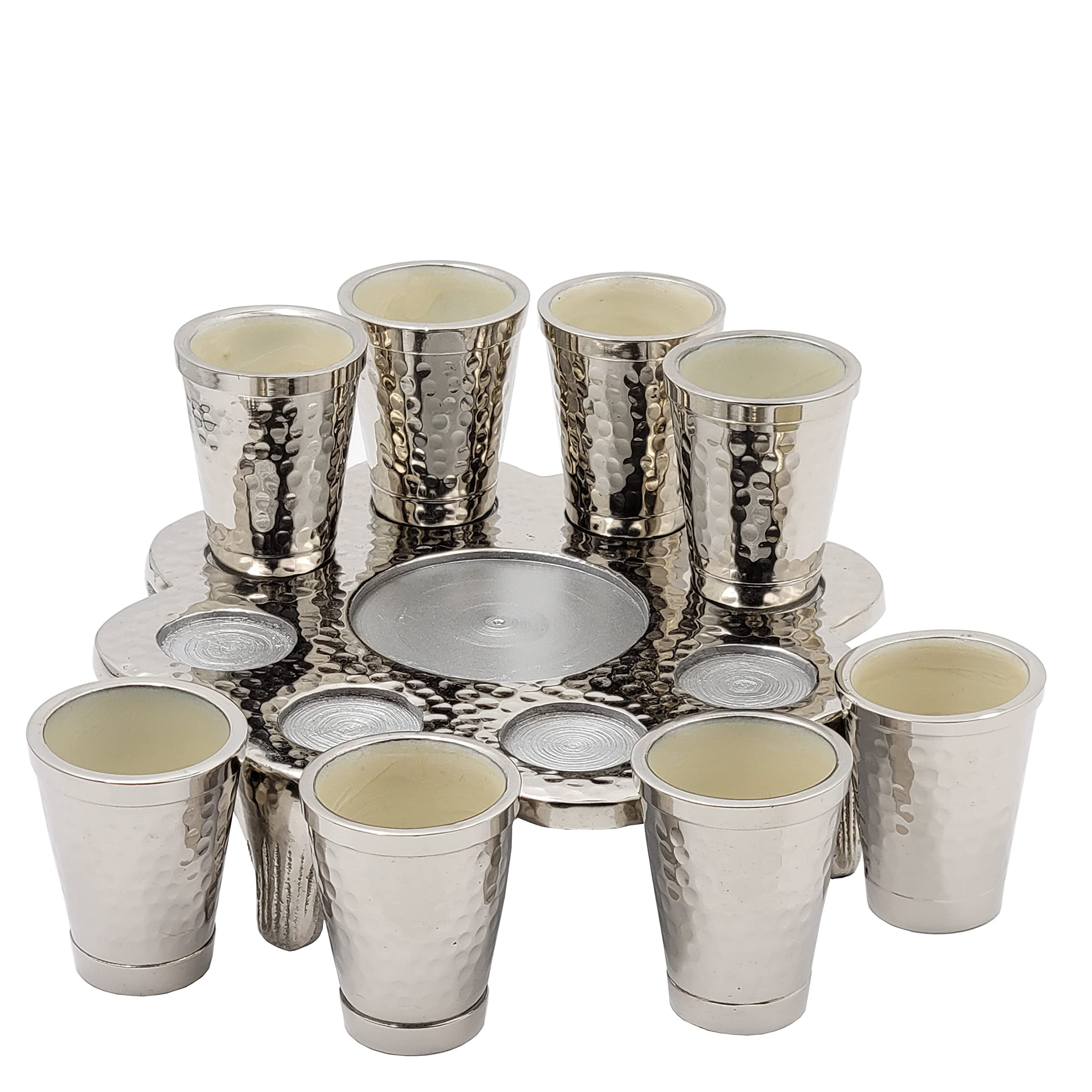 Modern Hand-Painted Enamel Dreidel Wine Fountain Kiddush Cup Set - Removable Fountain for 8 Cups, Family Serving Plate for Shabbat & Jewish Holidays (Beige/Silver) - Perfect for Family Gatherings, Holiday Celebrations & Religious Ceremonies
