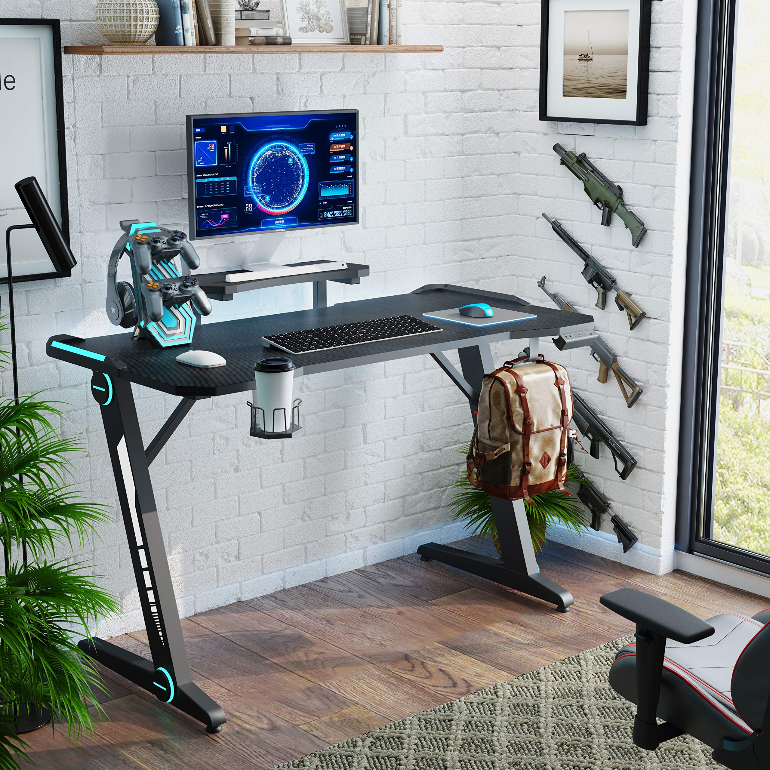 Z-Shaped Carbon Fiber Gaming Desk with Monitor Stand | Ergonomic PC Workstation with RGB Lighting, Cup Holder & Headphone Hook | Perfect for Esports, Streaming & Home Office Setup