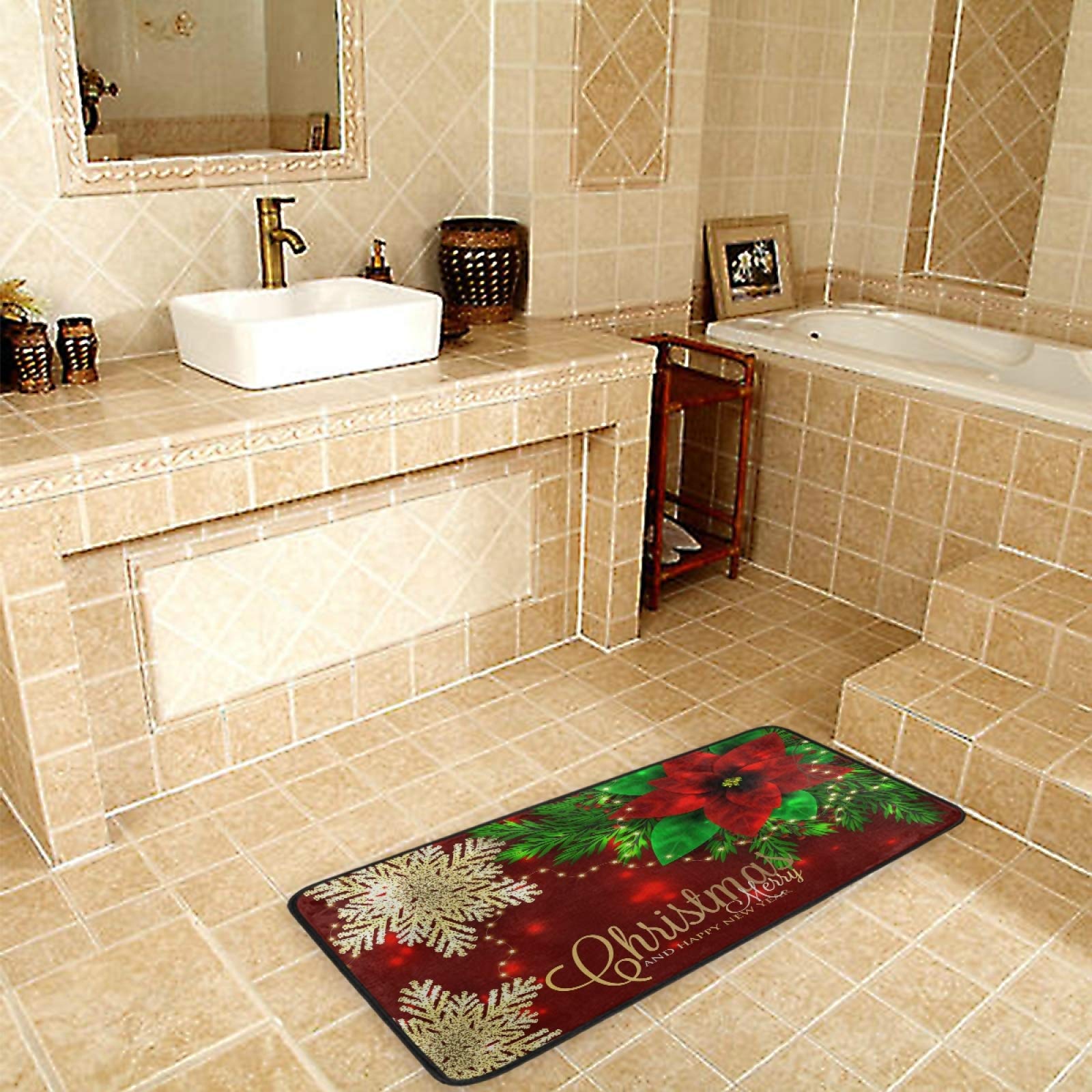ALAZA Christmas Poinsettia Snowflakes Non-Slip Kitchen Rug - Soft Floor Mat for Standing Comfort - 39x20 Inch Holiday Bath Rug, Runner & Doormat - Perfect for Home Decor, Kitchen, Entryway & Bathroom