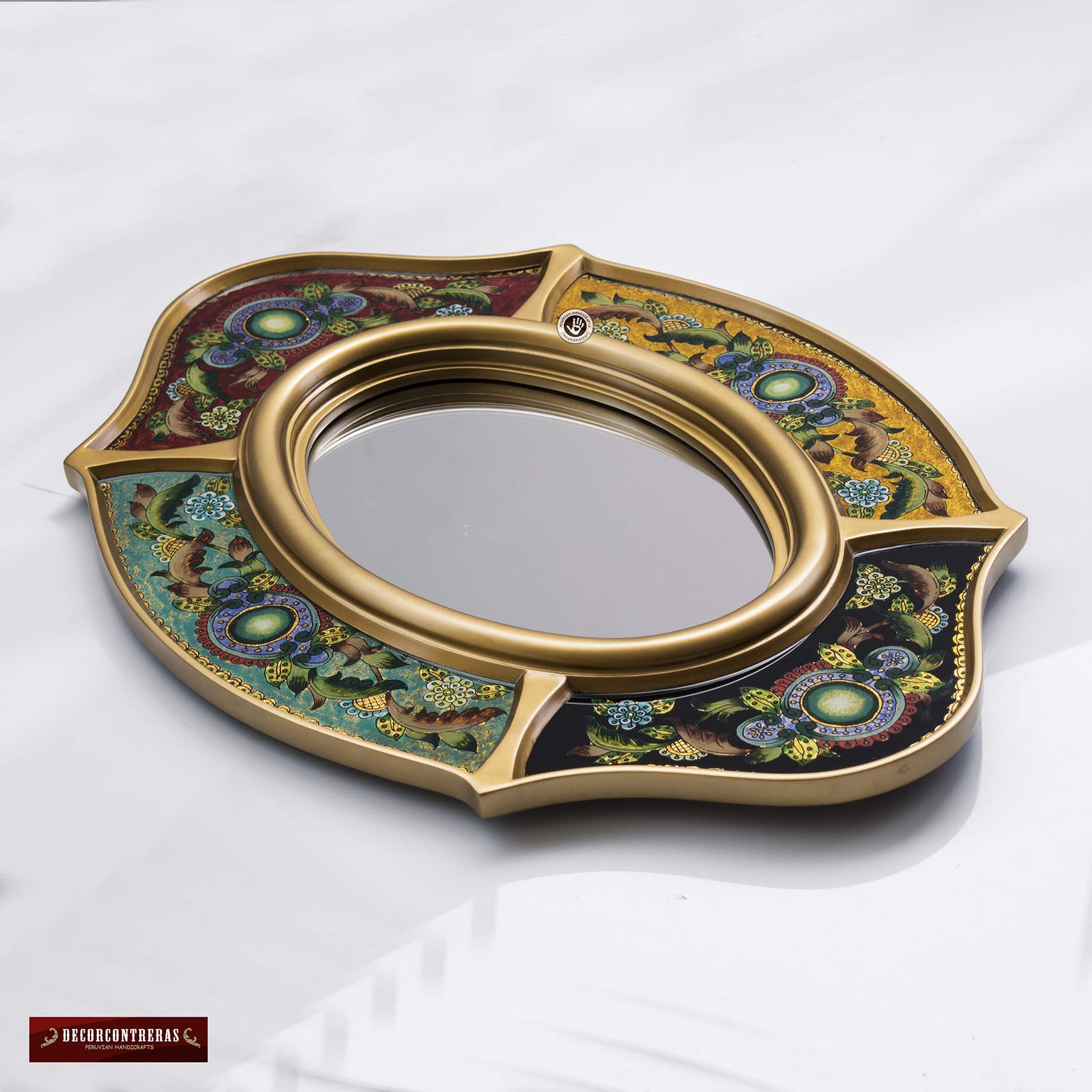 Handpainted Gold Wood Frame Oval Wall Mirror - Peruvian Ornate Decorative Accent Mirror for Living Room, Bedroom & Entryway Decor