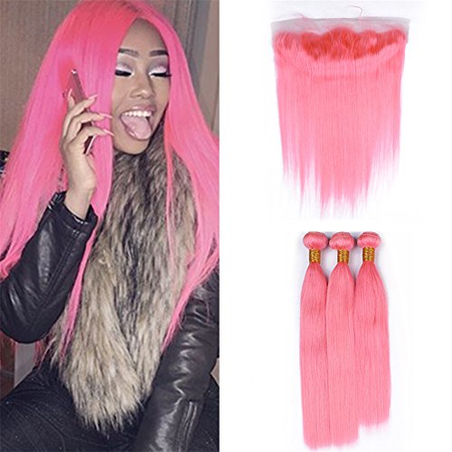 Zara Pink Brazilian Straight Human Hair Bundles with 13x4 Lace Frontal Closure - 10/12/14 Inch Light Pink Hair Extensions for Weaving & Styling - Perfect for Parties, Weddings & Daily Wear