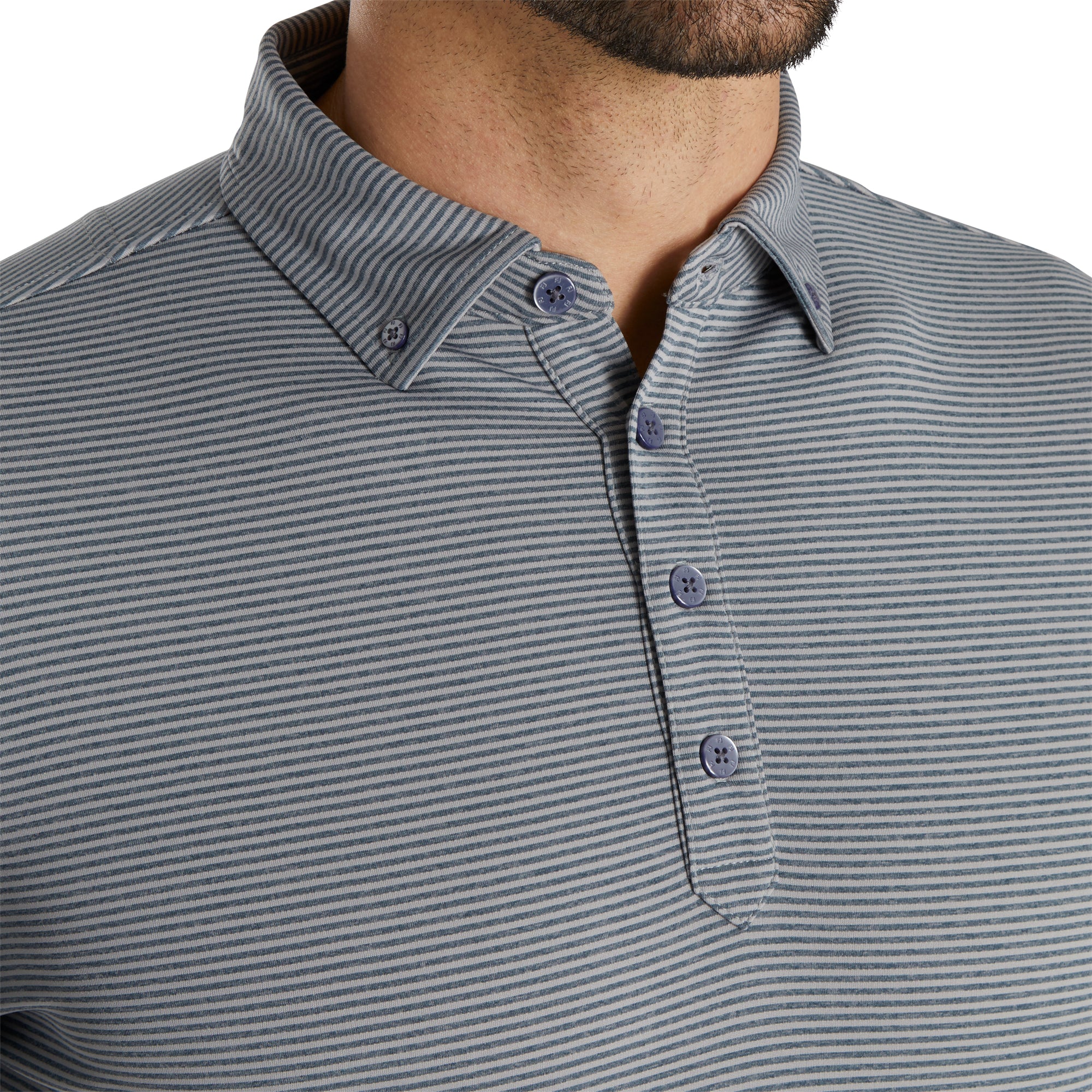 FootJoy Men's Long Sleeve Golf Polo Shirt - Heather Smoke Stripe Jersey Feeder - Moisture Wicking & UV Protection for Golf Course & Casual Wear