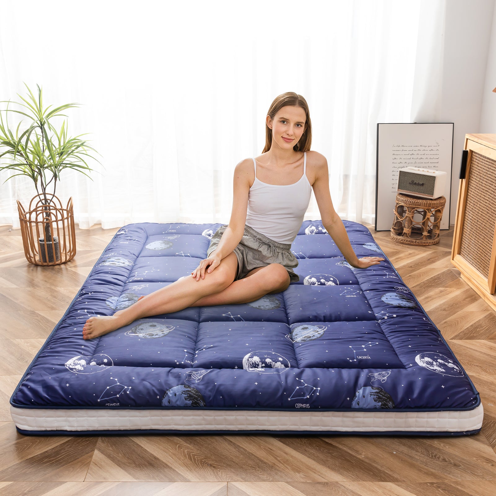 MAXYOYO Padded Japanese Floor Mattress - Navy Space Adventure Design | Foldable Futon for Bedroom, Guest Room & Camping | Comfortable Floor Sleeping Mat for Adults & Kids