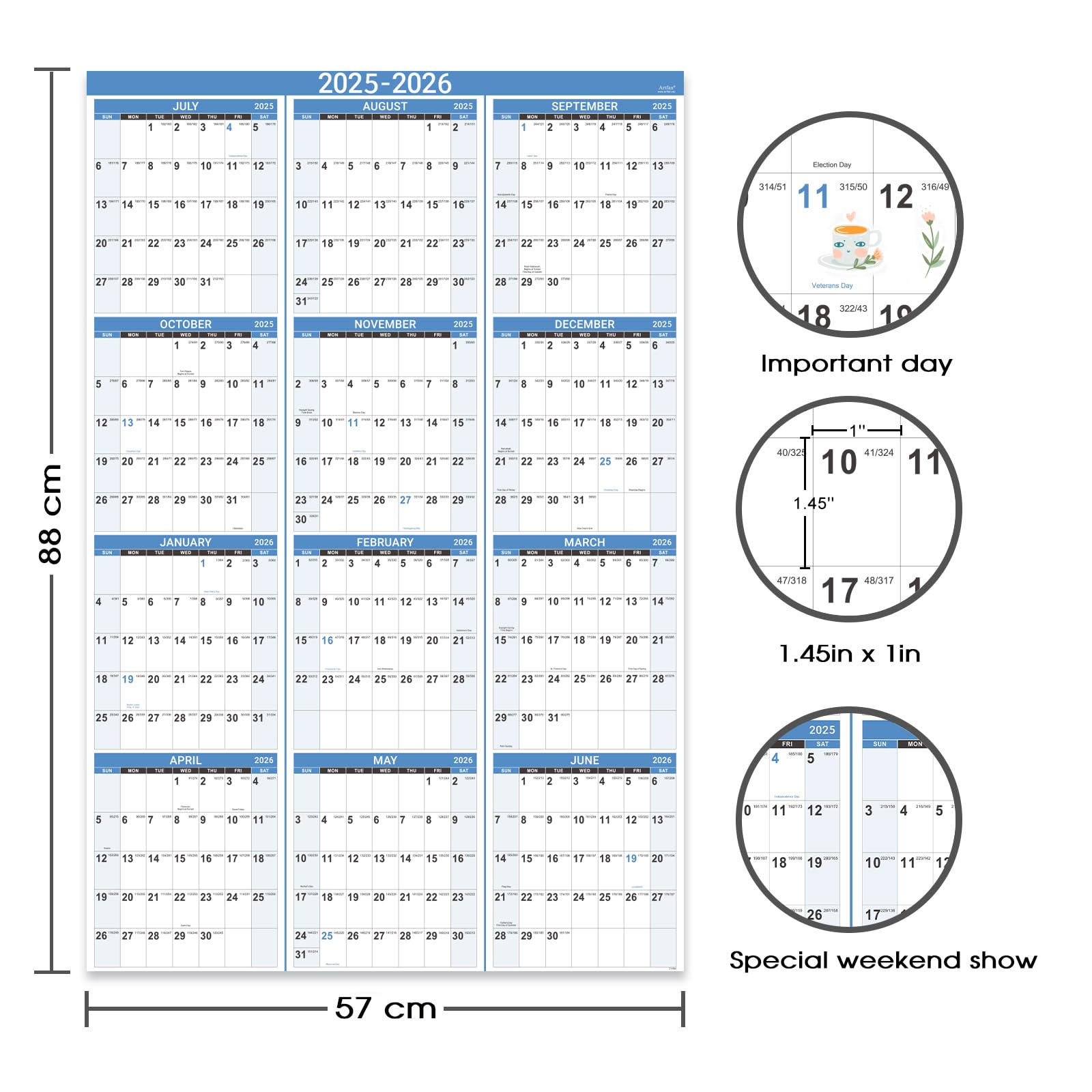 2025-2026 Large Wall Calendar with Julian Dates | July 2025 - June 2026 | 34.8