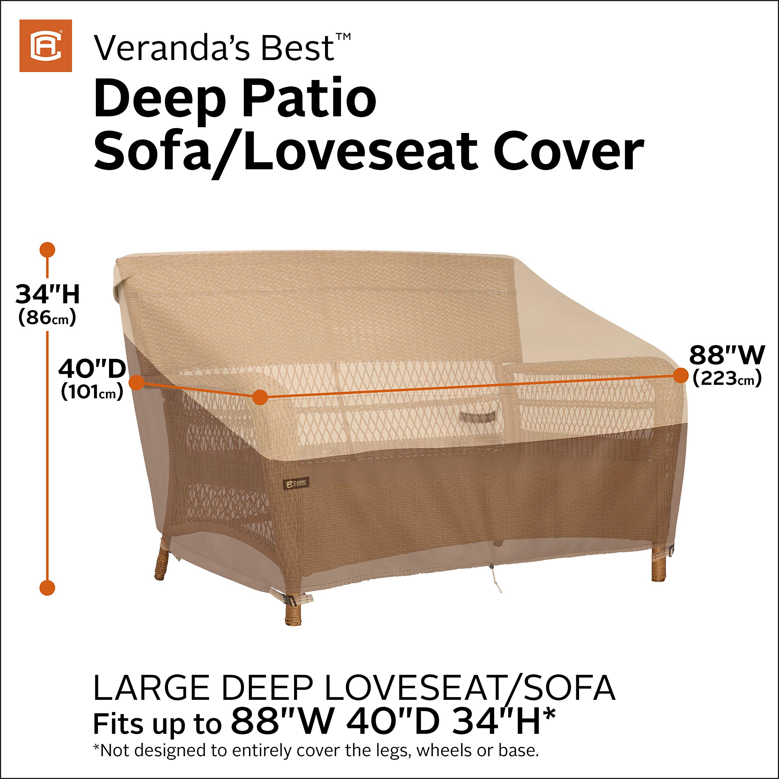 Classic Accessories Veranda's Best Waterproof Patio Sofa/Loveseat Cover 88x40x34 Inch - Durable Outdoor Furniture Protection for All Seasons