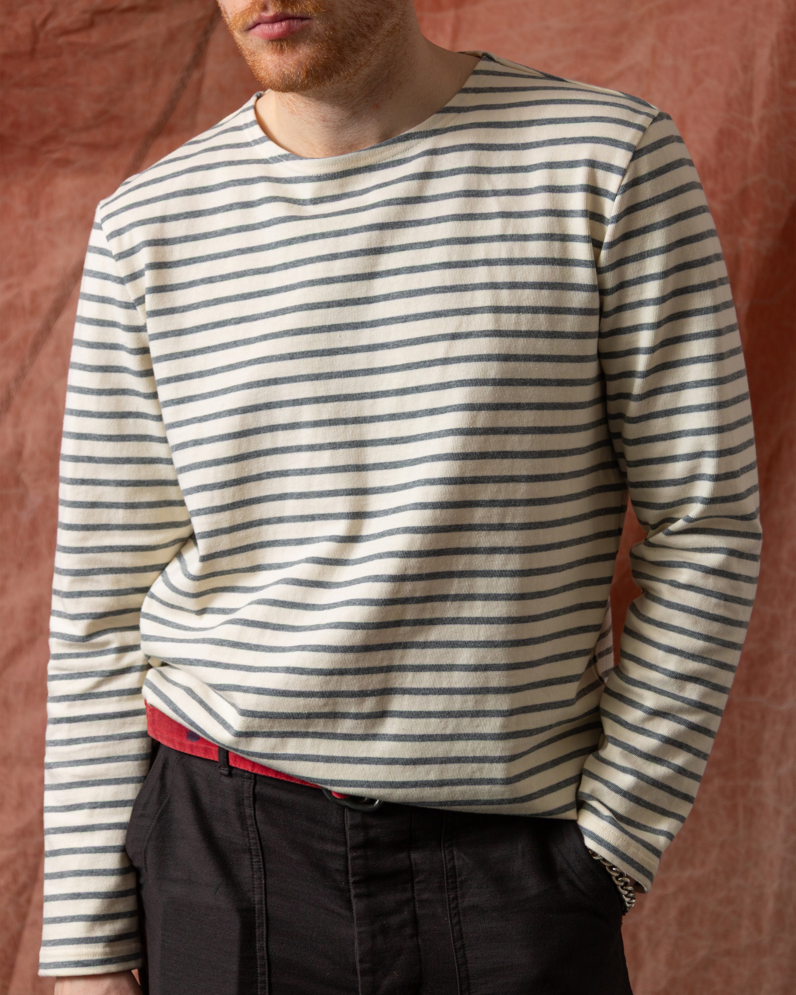 Men's Breton Stripe Boatneck T-Shirt - Off White & Heather Grey | Casual Slim Fit Cotton Top for Everyday Wear, Weekend Outings & Layering