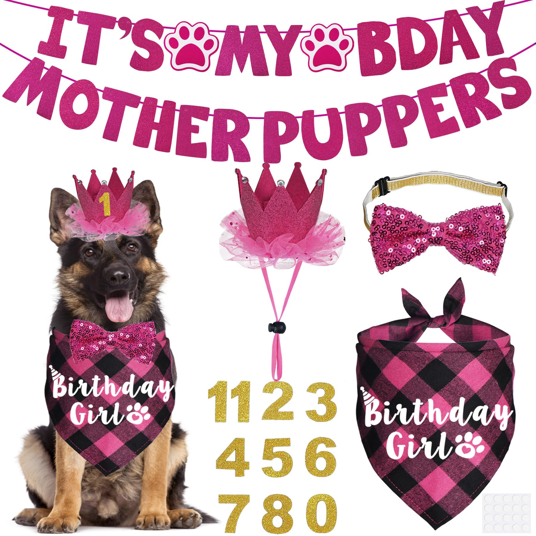Dog Birthday Party Decorations Set - Adjustable Bandana, Birthday Hat Crown, Bow Tie & Banner for Large & XL Dogs - Pink X-Large Size - Perfect for Puppy Birthday Celebrations & Photo Shoots