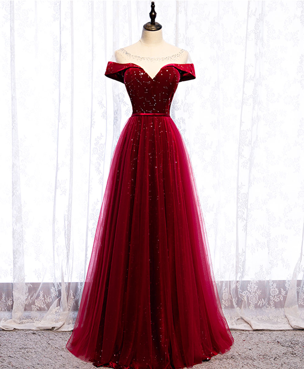 Elegant Burgundy Round Neck Tulle Sequin Long Prom Dress for Formal Evening Gala & Special Occasions