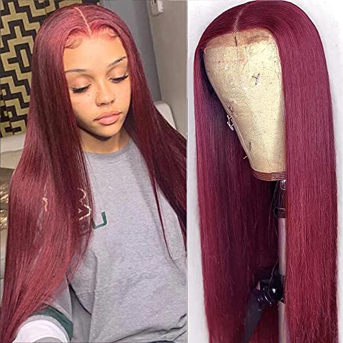 Muokass 99J Burgundy 4x4 HD Lace Closure Wigs - Brazilian Virgin Human Hair Straight Lace Front Wigs for Black Women - 180% Density Glueless Pre-Plucked with Elastic Bands (22 Inch, 99J) - Perfect for Daily Wear, Parties, Weddings & Special Occasions