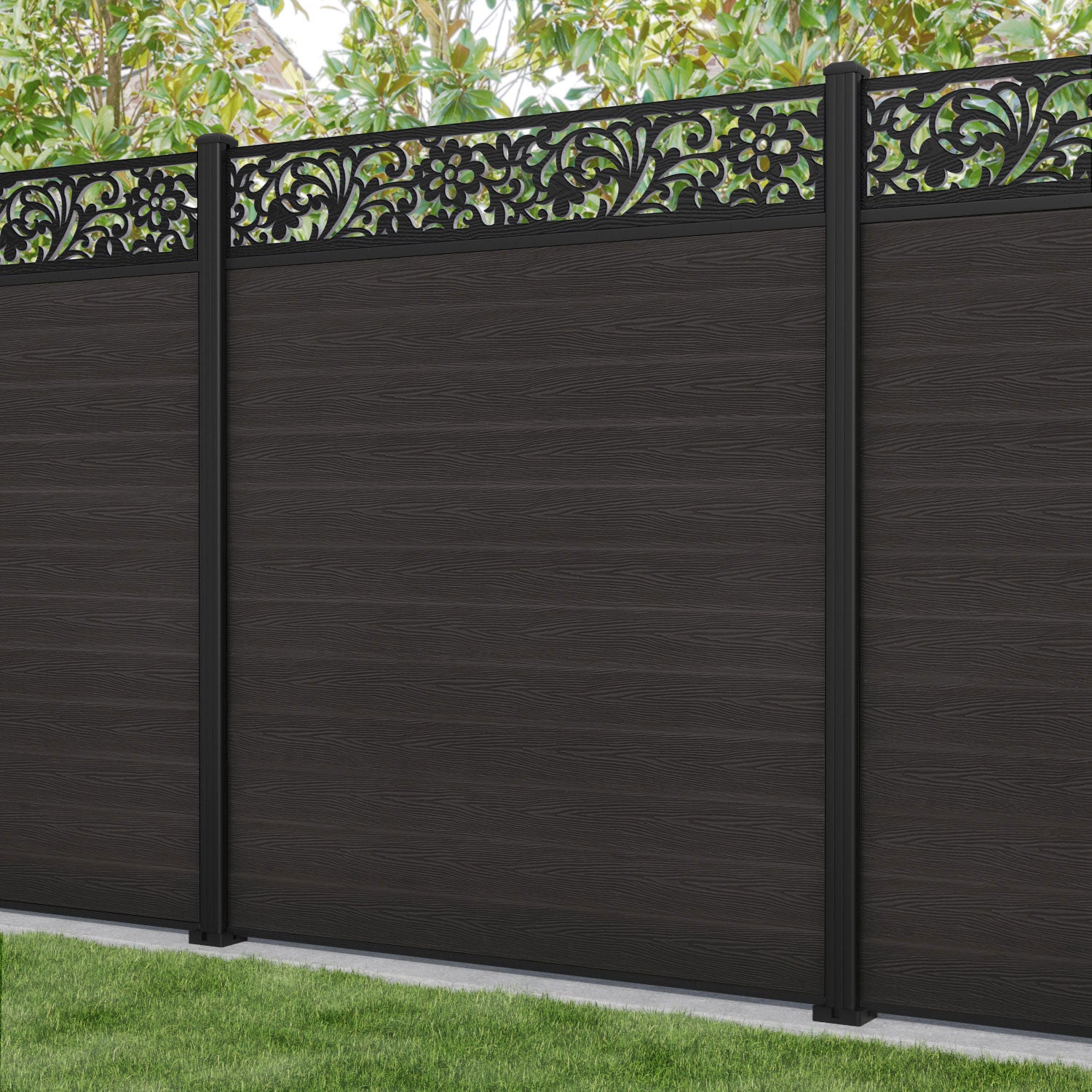 Classic Eden Fence Panel - Dark Oak Wood Privacy Screen with Aluminum Posts | Outdoor Garden Fence, Backyard Boundary, Patio & Pool Enclosure