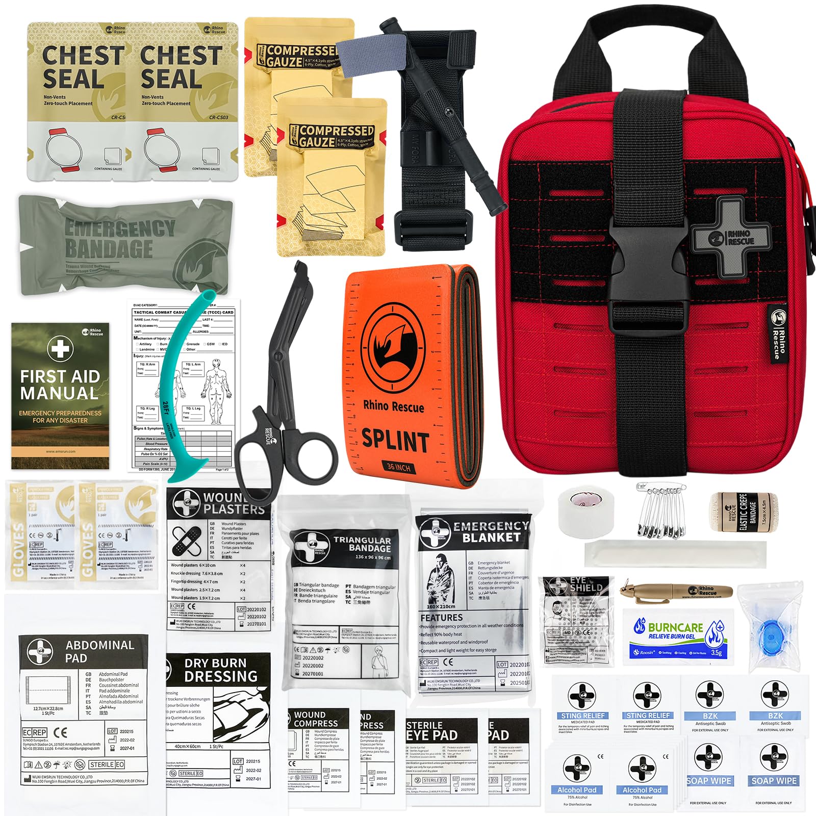 RHINO RESCUE IFAK Tactical First Aid Kit - Emergency Trauma Medical Supplies with Gauze & Bandage for Survival, Travel, Hiking & Outdoor Adventures (Red)