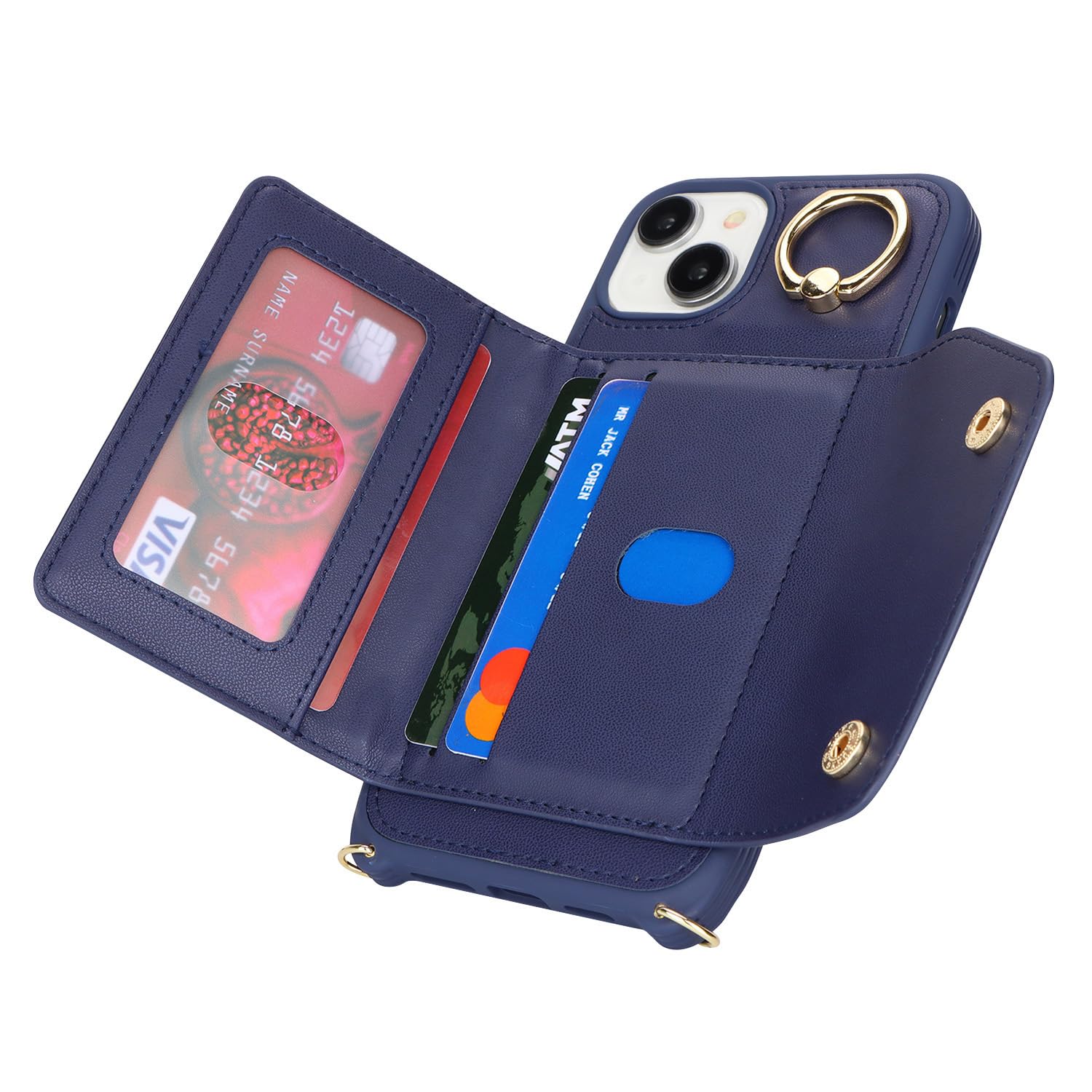 Premium iPhone 15 Wallet Case with Card Holder & Adjustable Crossbody Strap - Zipper Pocket, Stand Ring, 6.1 Inch Protective Phone Cover for Women (Dark Blue) - Perfect for Travel, Shopping & Everyday Use