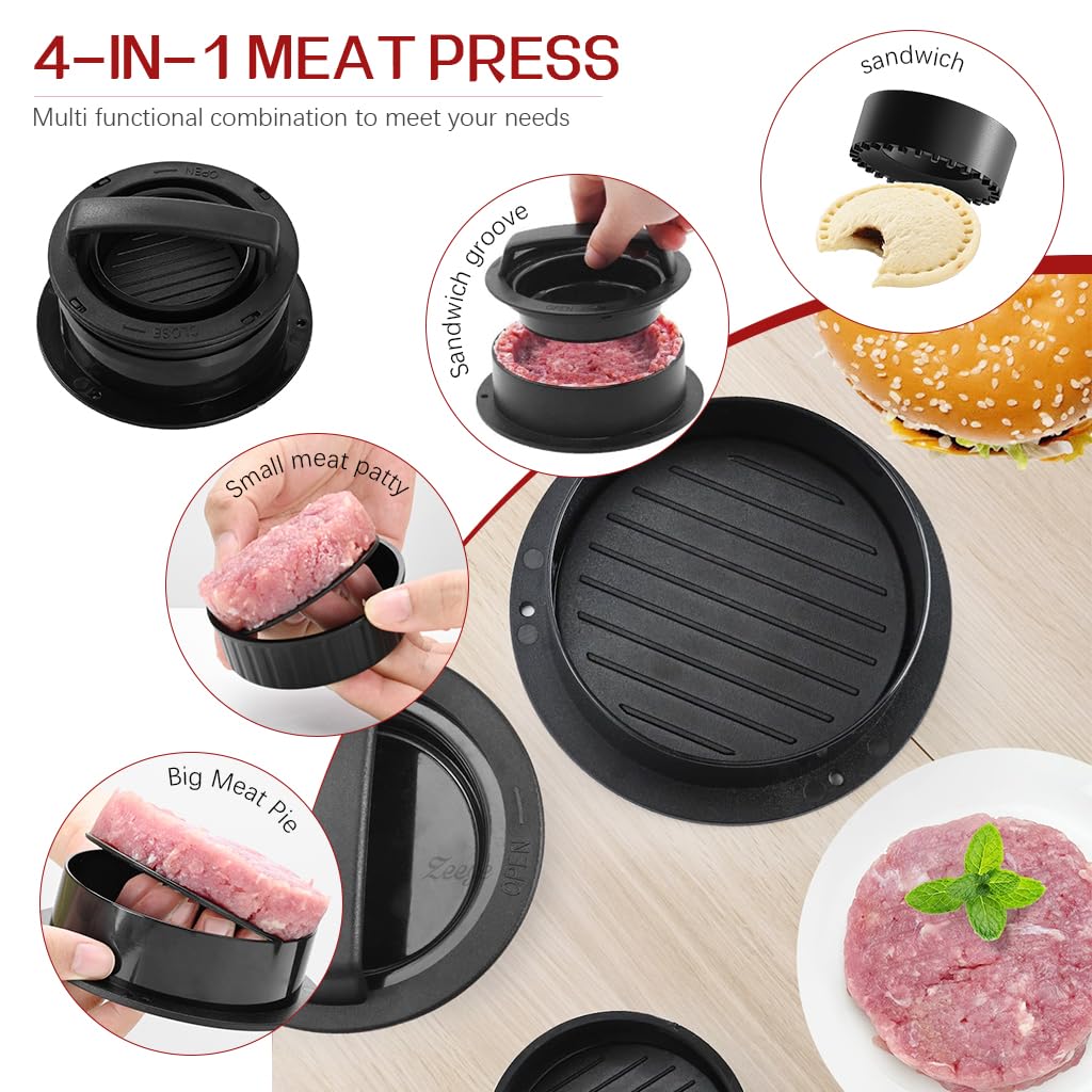 HASTHIP® 4-in-1 Stackable Burger Press Maker - Non-Stick Patty Shaper with 100 Pcs Patty Papers - Perfect for BBQ, Picnics & Home Cooking - Sandwich Sealer & Ring Mold for Uniform Patties