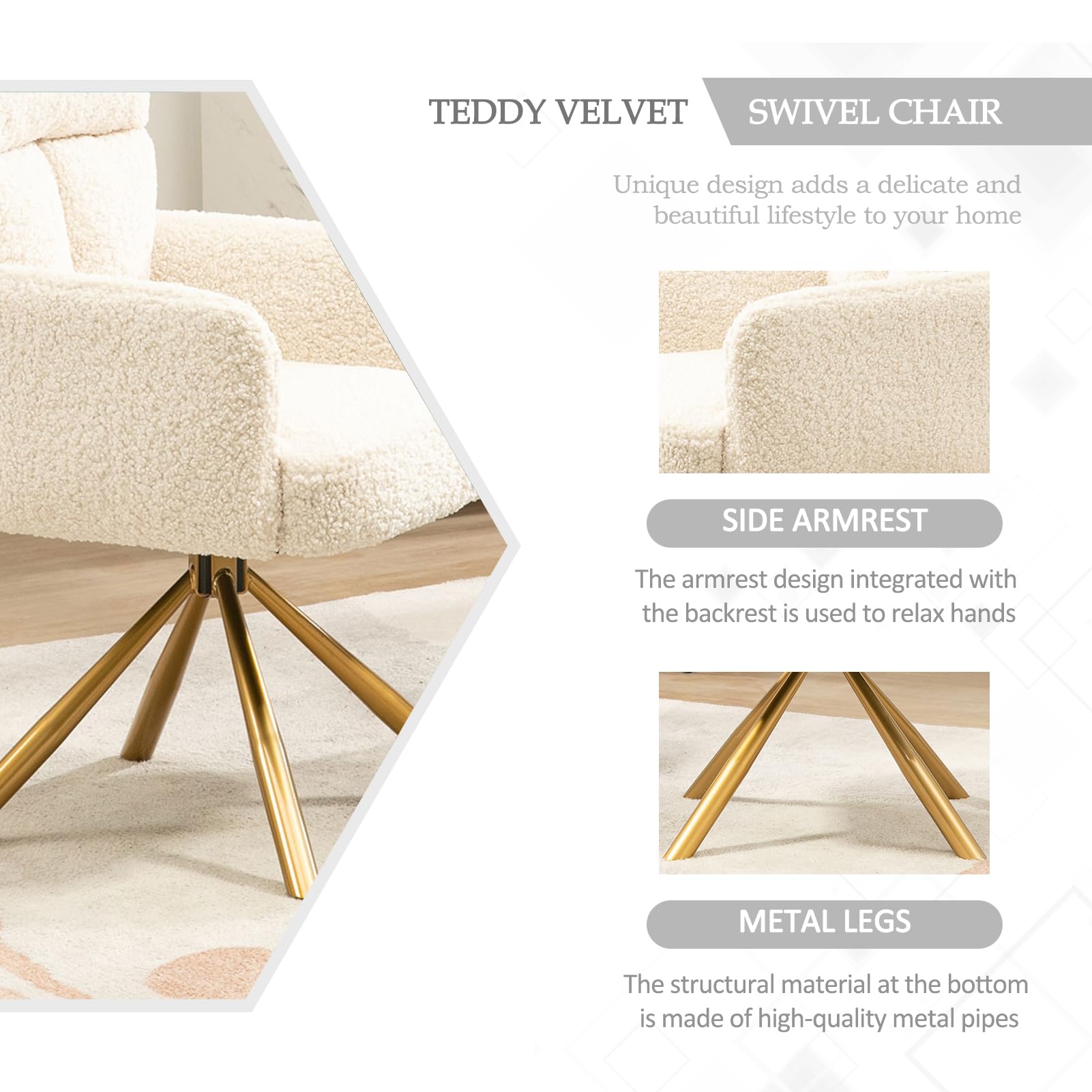 Ergonomic Swivel Vanity Chair with Gold Legs - 180° Rotation, No Wheels, Criss-Cross Design for Bedroom, Living Room & Home Office - Perfect for Makeup, Reading & Working - Beige
