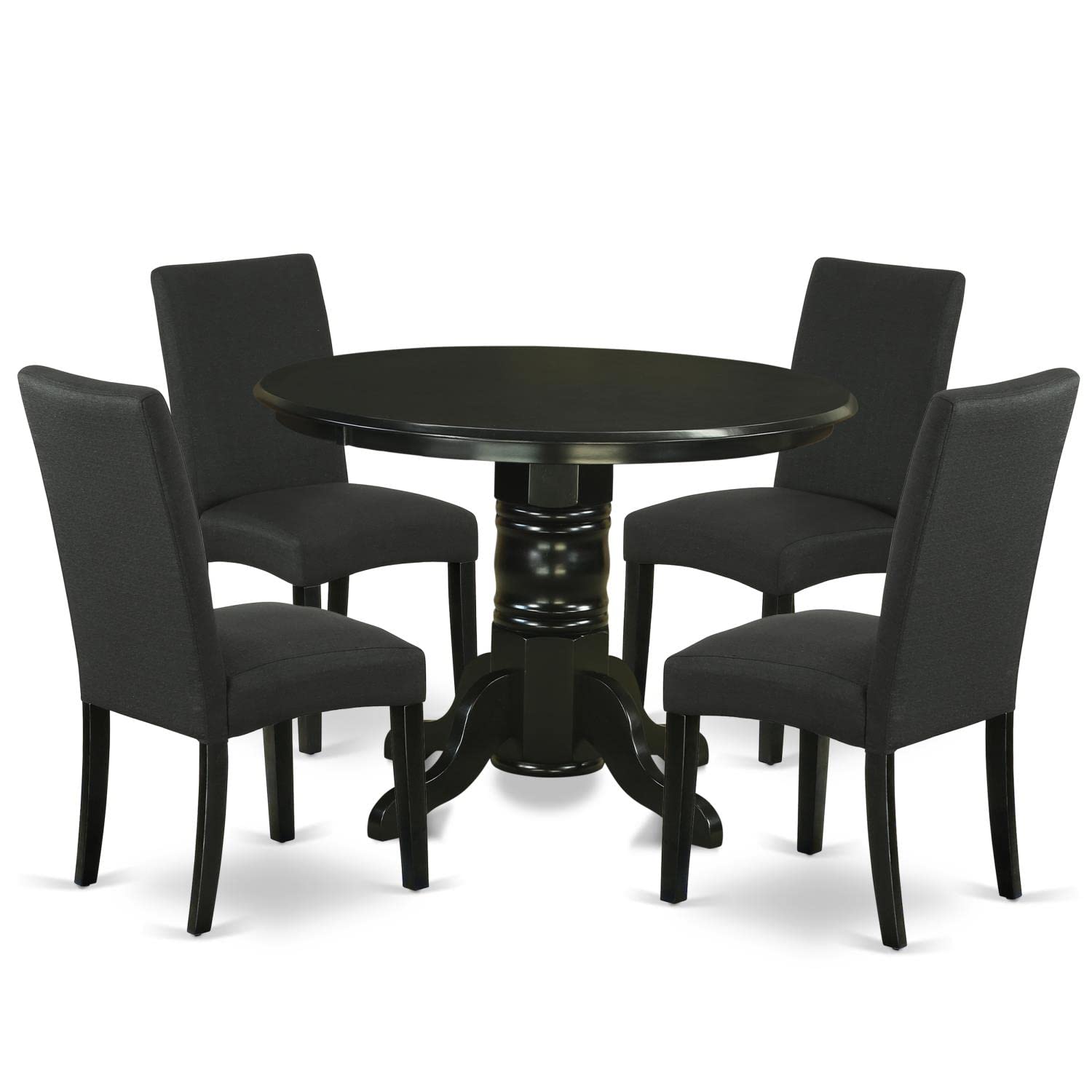 East West Furniture 5-Piece Round Dinette Set for 4 - 42 Inch Pedestal Kitchen Table with 4 Black Linen Upholstered Parson Chairs | Perfect for Small Dining Rooms, Breakfast Nooks & Apartments