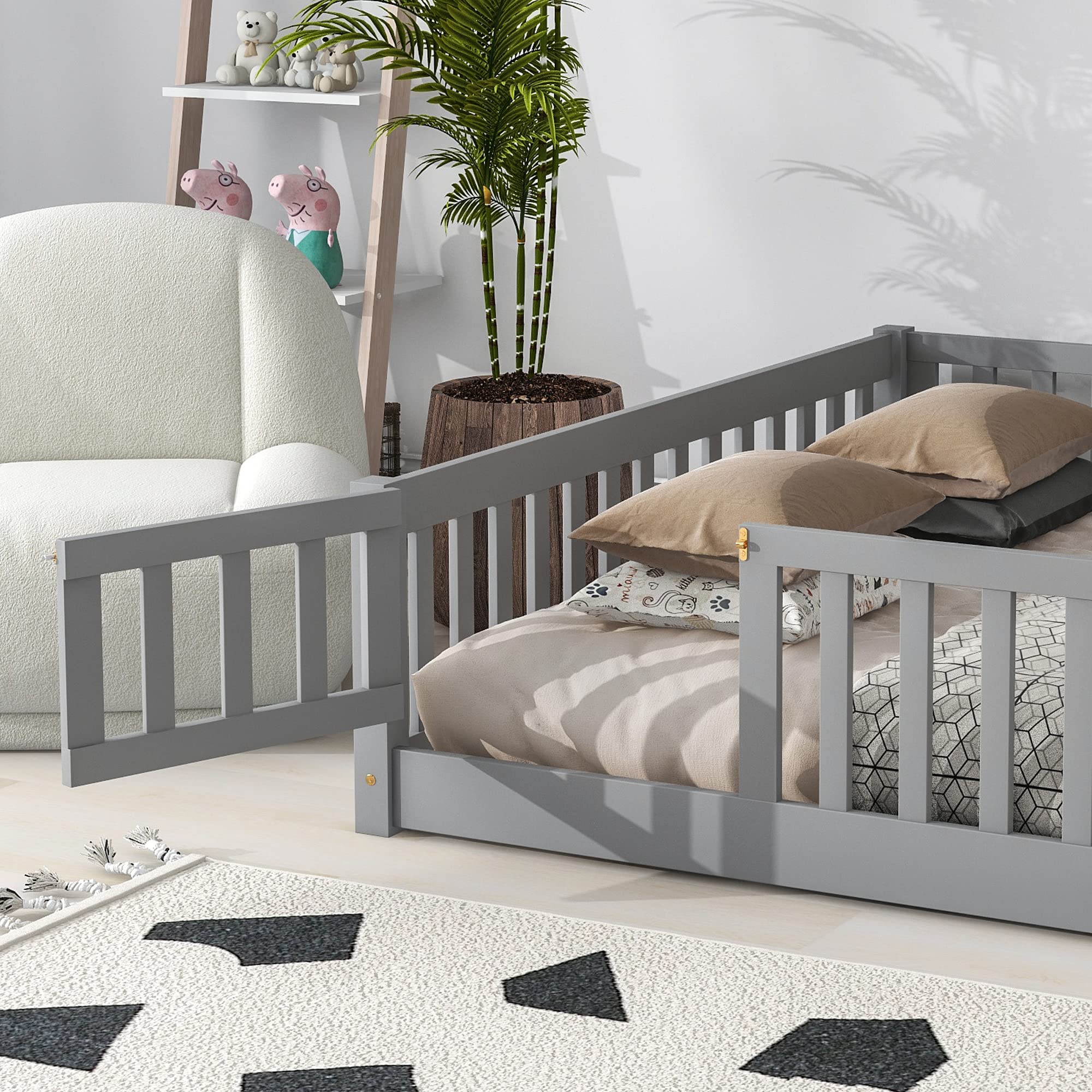 Queen Size Gray Wooden Floor Bed Frame with Safety Fence & 7 Slats - Sturdy Kids Bed for Toddler Room, Nursery, or Playroom - Low Profile Platform Bed with Guardrails for Child Safety