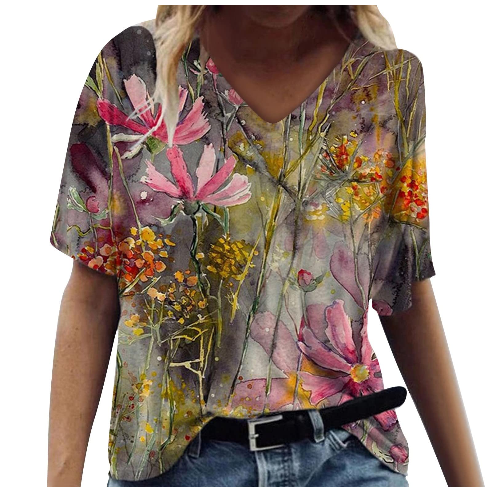 Vintage Scenery Print V-Neck T-Shirts for Women - Soft Short Sleeve Relaxed Fit Casual Blouse - Perfect for Summer Outings, Beach Vacations & Everyday Wear