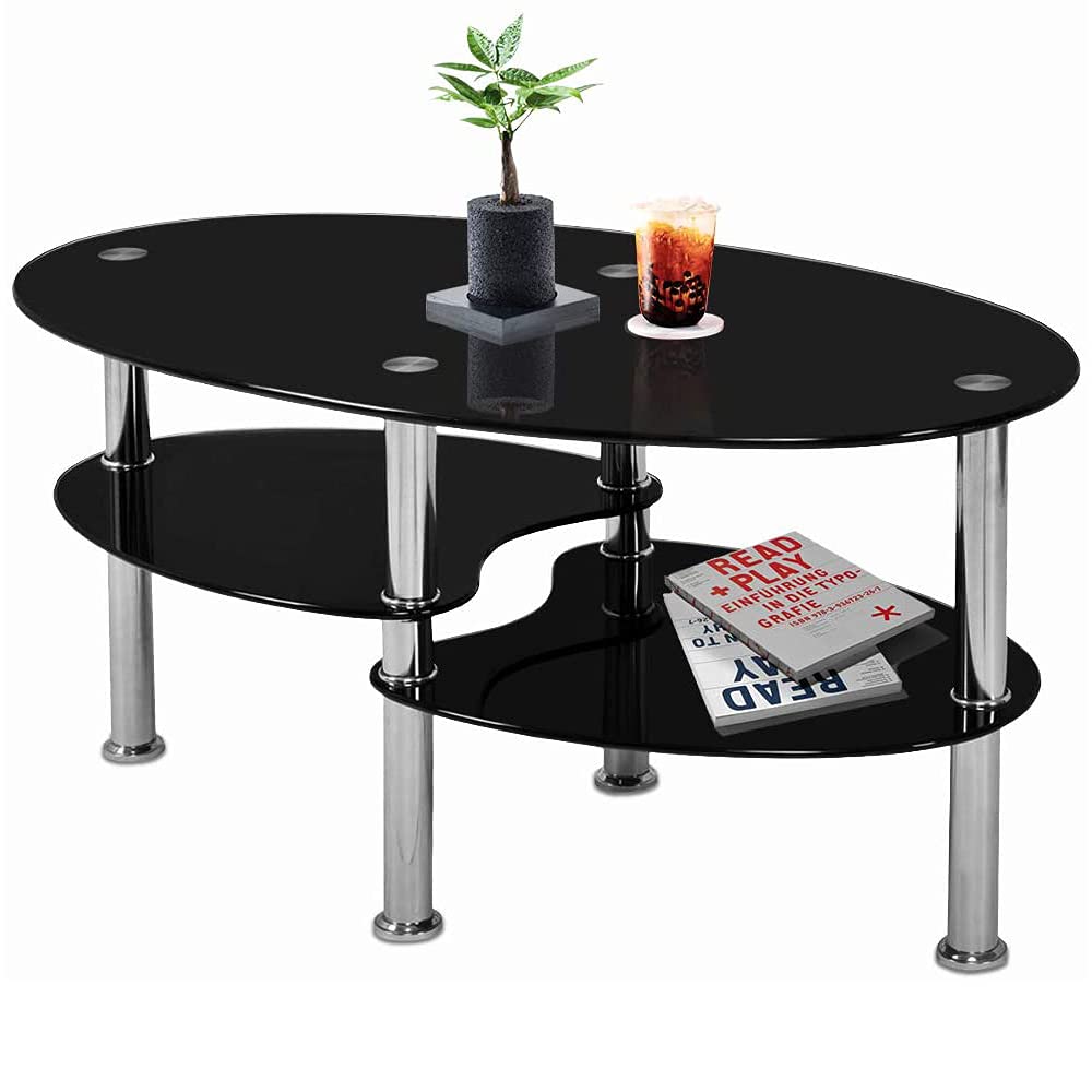 Modern Oval Glass Coffee Table - 2 Tier Black End Table with Tempered Glass & Chrome Stainless Steel Legs for Living Room, Office, Lounge | Durable & Stylish Home Decor Furniture