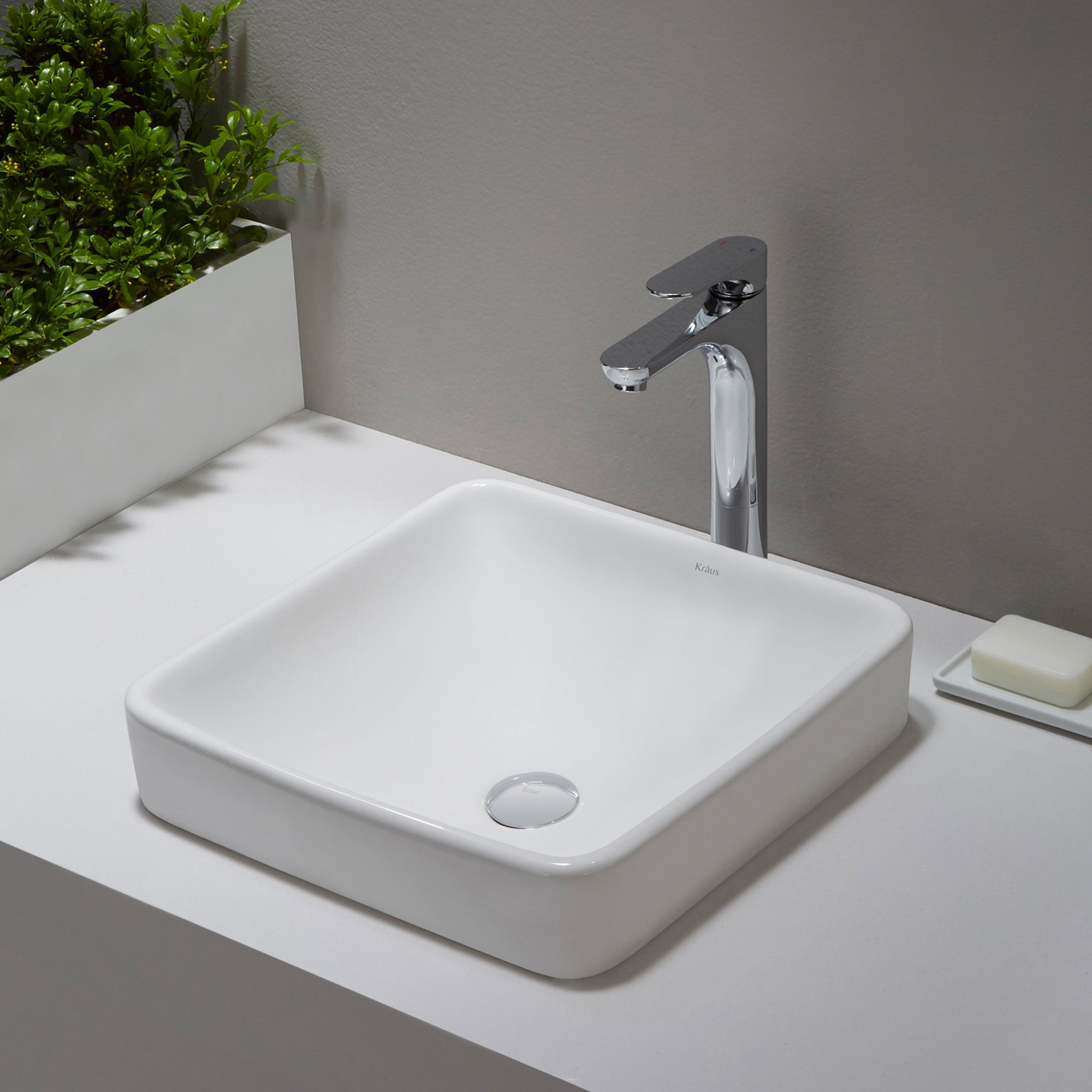 Kraus KCR-281-BN Modern Ceramic Square Semi-Recessed Bathroom Sink with Overflow & Pop-Up Drain - Brushed Nickel/White 16.25