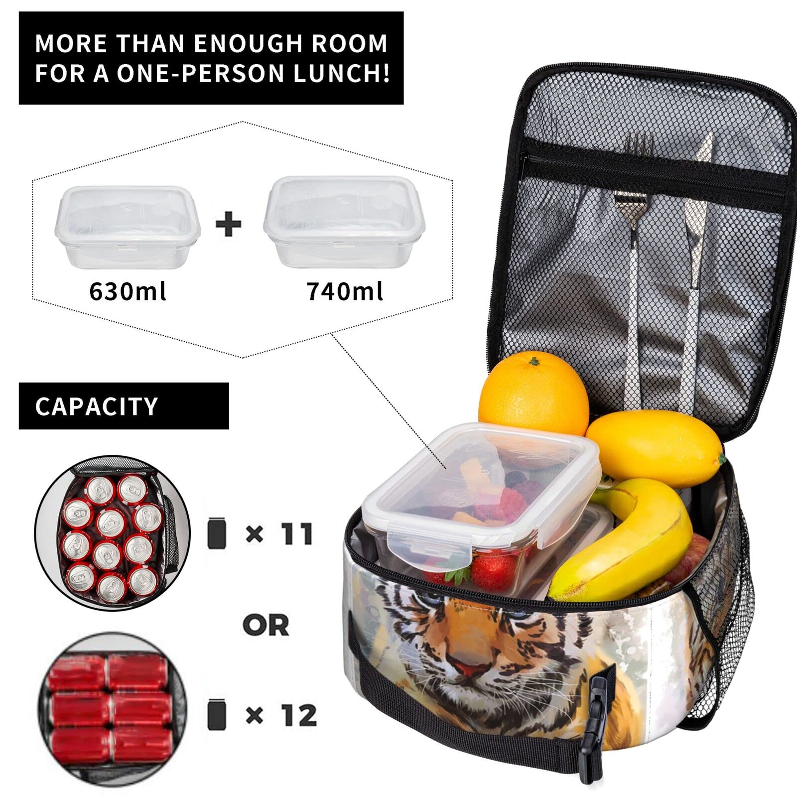 KiuLoam Insulated Lunch Box - Reusable Thermal Meal Bag with Adjustable Shoulder Strap for Women, Men, Kids | Cute Oil Painting Baby Tiger Design | Perfect for School, Office, Picnics & Outdoor Activities