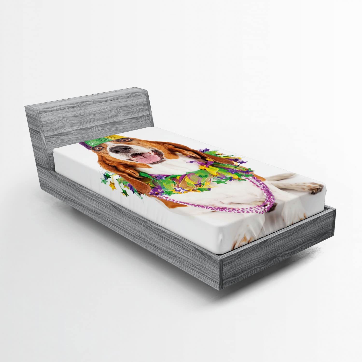 Happy Basset Hound Fitted Sheet - Twin Size Dog Lover Bedding for Mardi Gras