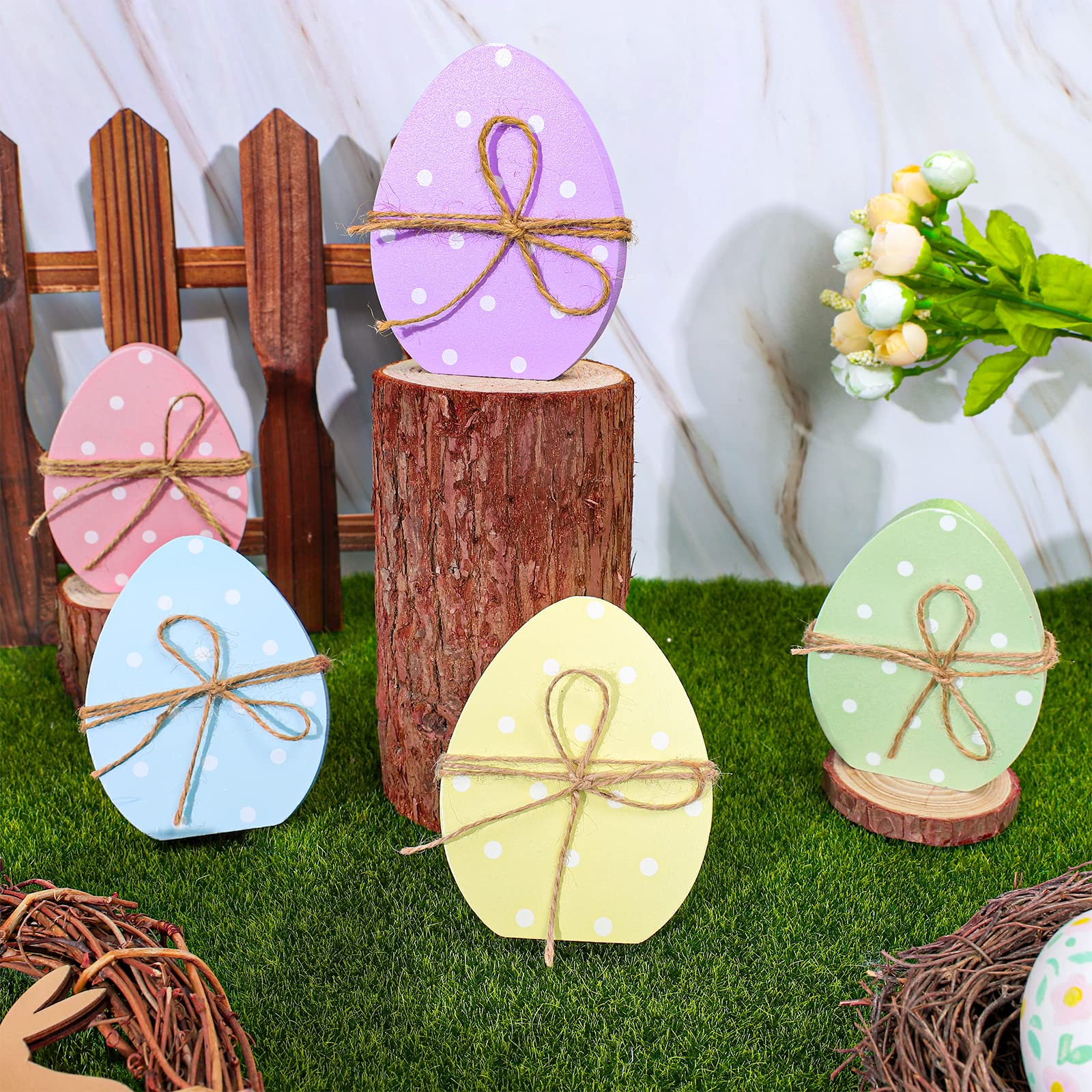 Whaline 5Pcs Easter Wooden Egg Decor - Polka Dot Table Centerpieces, Spring Easter Standing Egg Signs for Tiered Tray & Home Party Decor - Perfect for Easter Tablescapes, Spring Home Decor & Holiday Celebrations