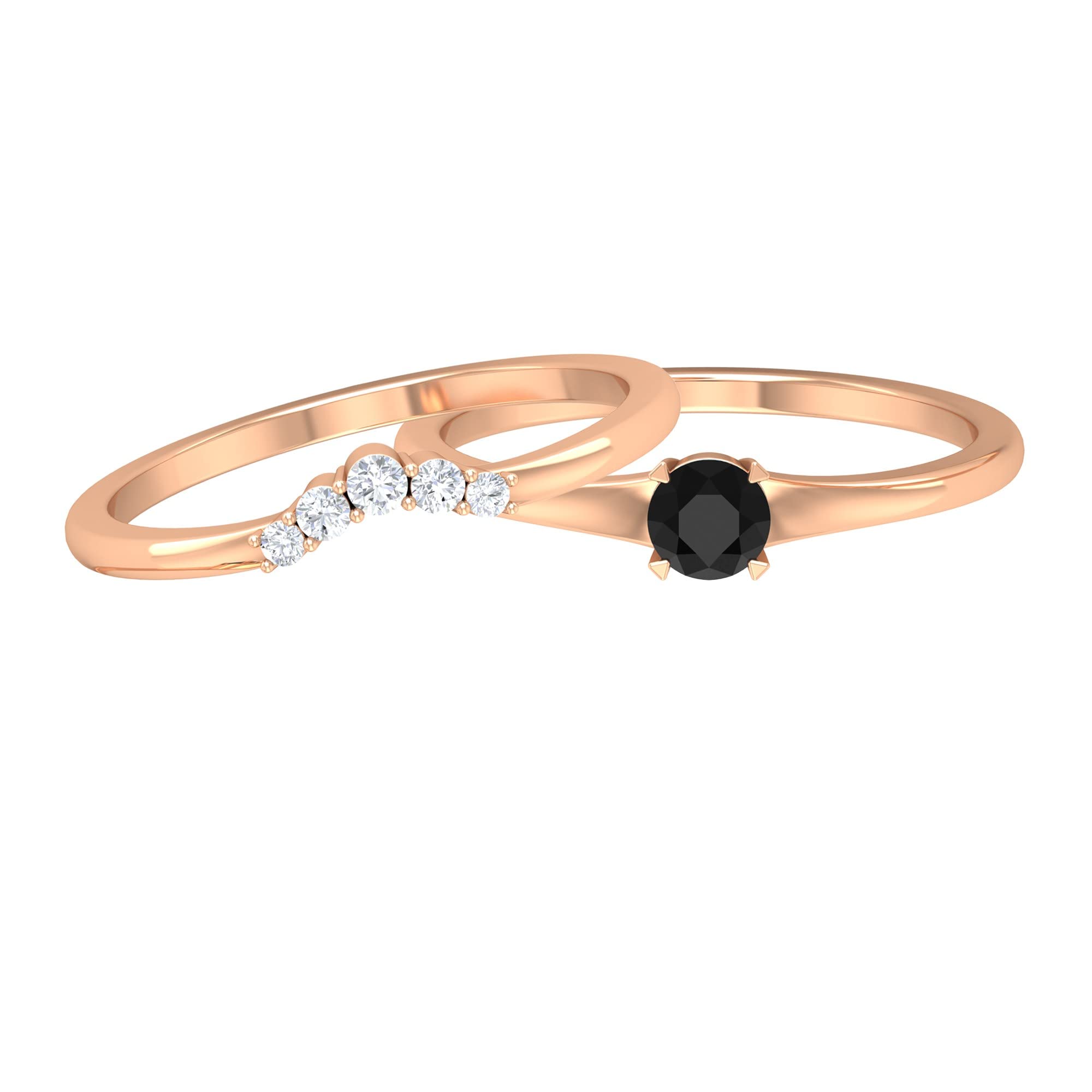 1/2 CT Black Spinel & Diamond Wedding Ring Set - 14K Solid Gold Minimalist Bridal Ring with Matching Band - Perfect for Engagement, Anniversary & Everyday Elegance