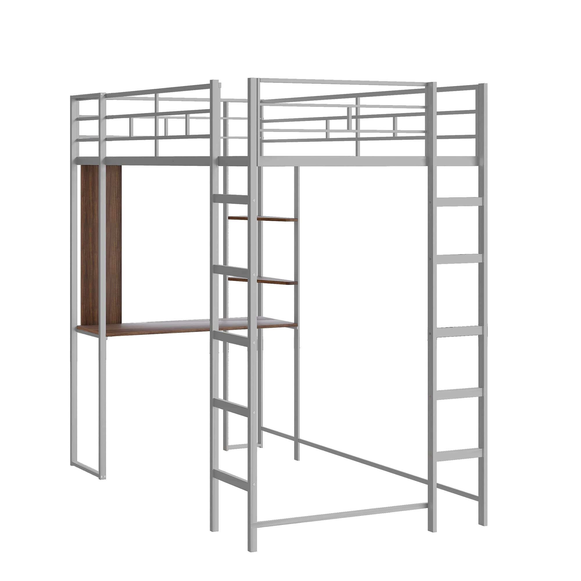 **Twin Metal Loft Bed with Desk & Bookcase - Sturdy High Loft Bed Frame for Teens & Kids - Space-Saving Study & Sleep Solution for Small Rooms - Silver**    *(Perfect for dorm rooms, apartments, or shared bedrooms - combines workspace, storage, and sleeping area in one compact design!)*