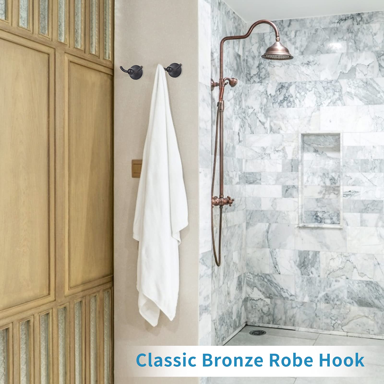 FILTA Oil Rubbed Bronze Bathroom Towel Hooks - 2 Pack Wall Mounted Shower Hooks for Robes & Towels - Traditional Style Bath Accessories for Hanging Wet Towels & Bathrobes - Perfect for Bathroom, Spa, and Gym Organization