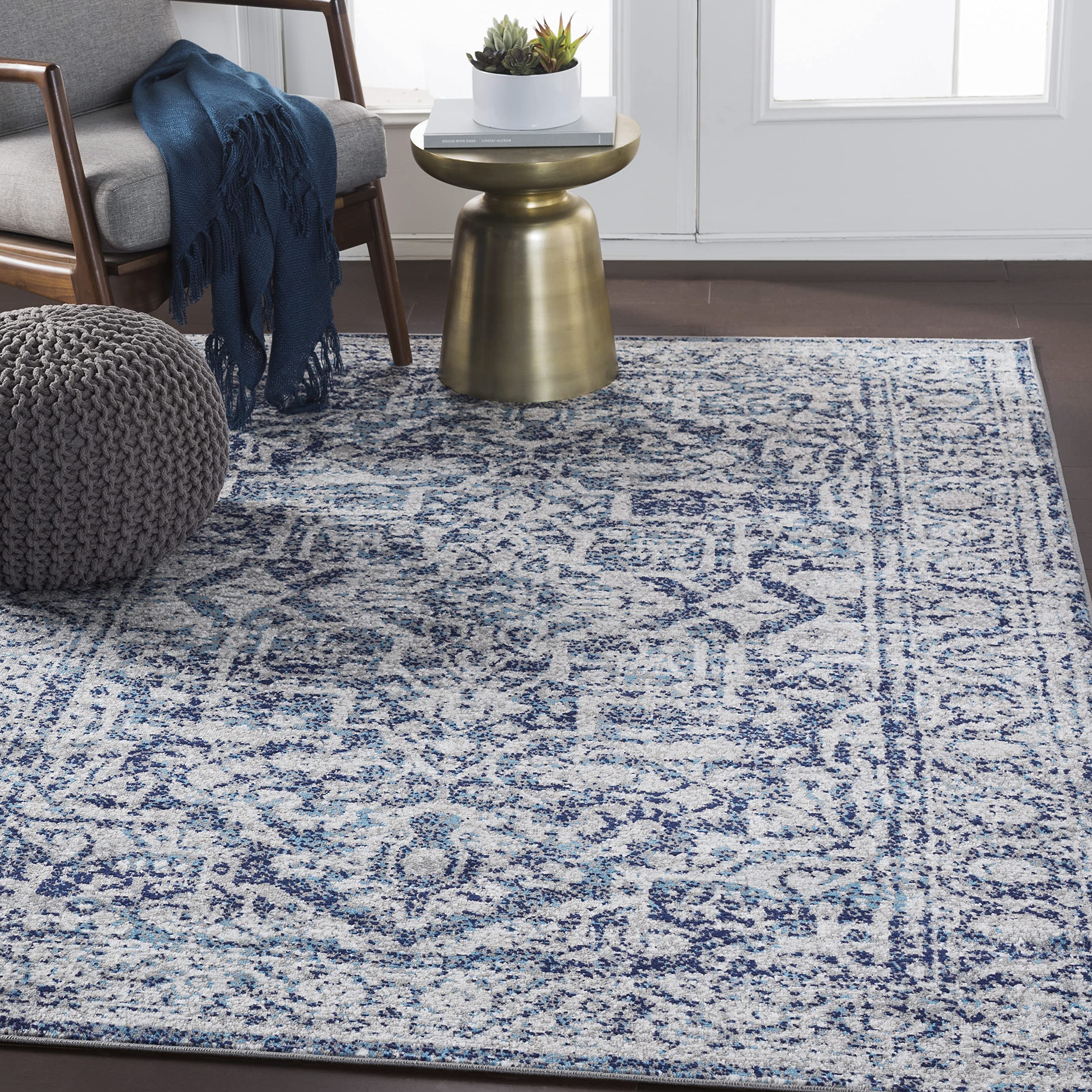 Mark&Day Emma Traditional Navy Blue & White 6x9 Area Rug - Soft Carpet for Living Room, Bedroom, Kitchen - 6'7