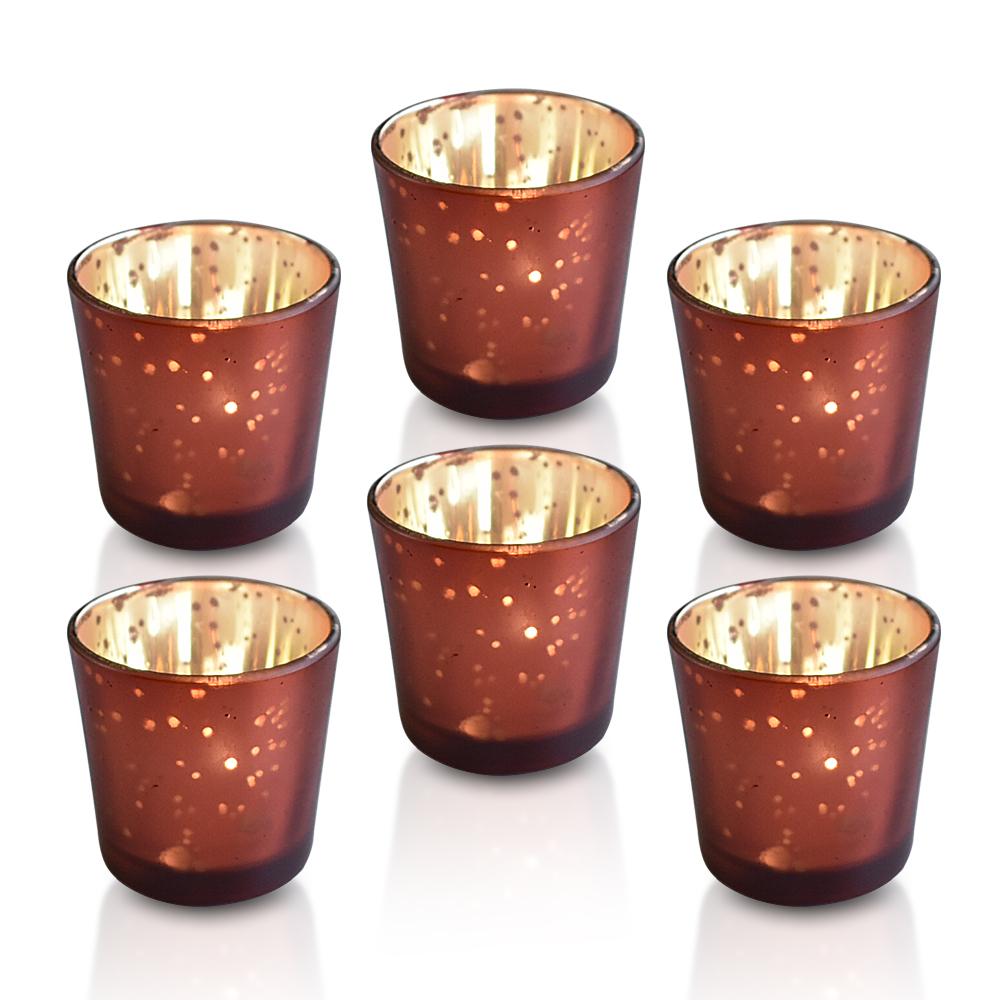 Vintage Mercury Glass Candle Holders - 6 Pack (2.5 Inch) - Lila Design with Liquid Motif in Rustic Red Copper - Perfect for Tea Lights - Ideal for Wedding Decor, Party Centerpieces & Home Decoration - Creates Romantic Ambiance for Dining Tables, Fireplace Mantels & Bedroom Nightstands