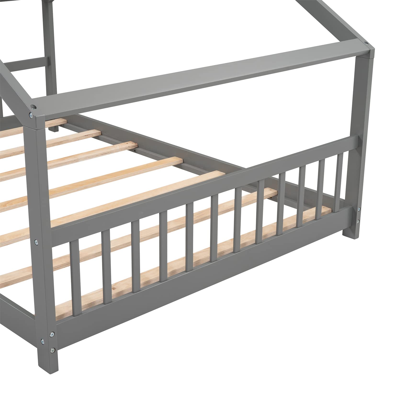 Montessori Kids Bed Frame - Full Size Wood Platform Bed with Headboard & Footboard for Boys, Girls & Teens | Gray House Bed for Children's Room, Playroom & Dormitory