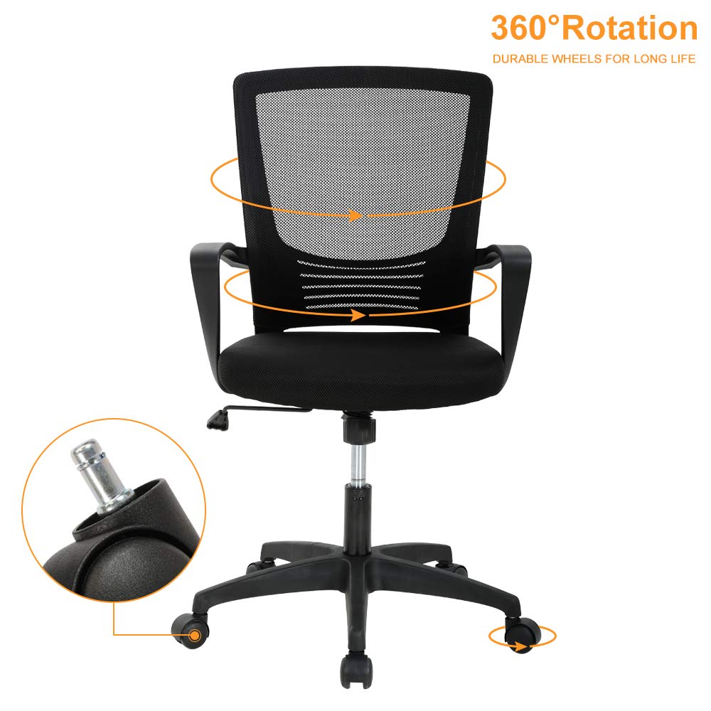 Ergonomic Office Chair with Adjustable Lumbar Support - Mesh Back Computer Desk Chair with Armrests - Swivel Task Chair for Home Office & Study - Comfortable Executive Chair for Long Work Sessions (Black)