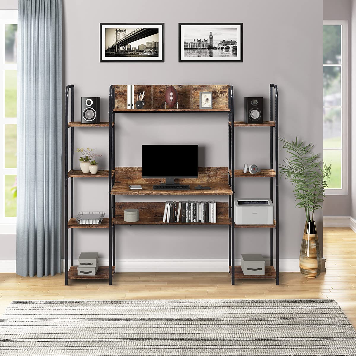 Brown Home Office Desk with Storage Hutch & Bookshelf for Workspace