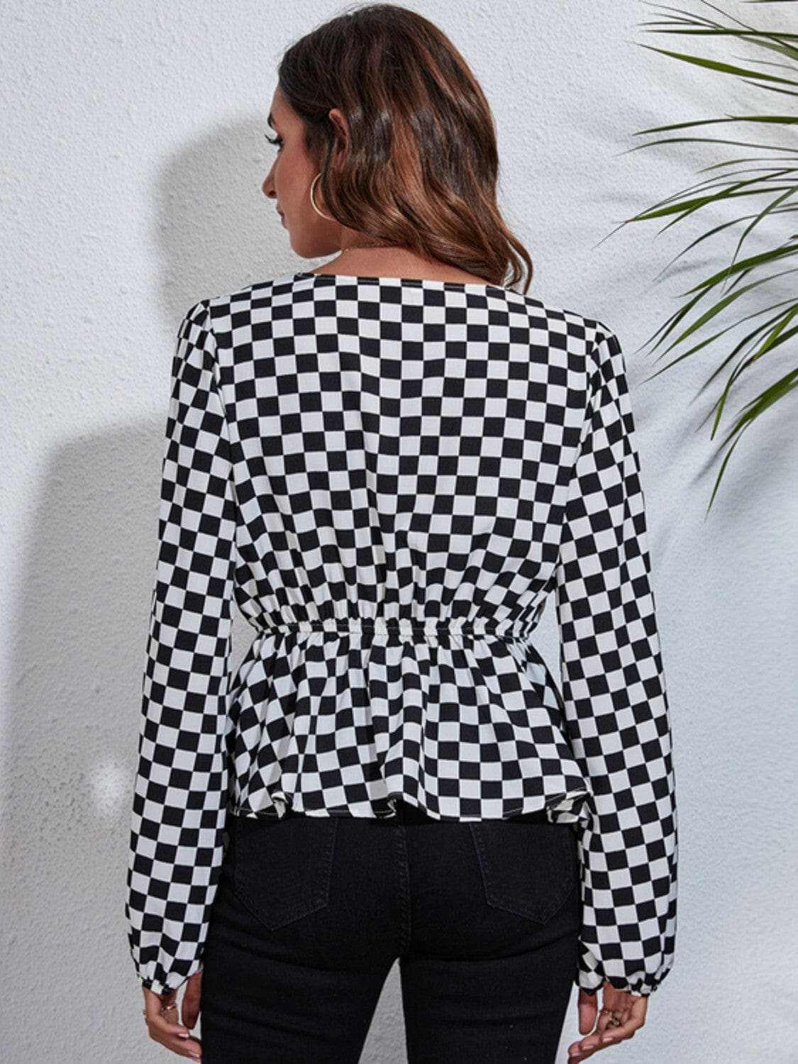 Stylish Checkered V-Neck Peplum Blouse for Women - Trendy Office & Party Wear