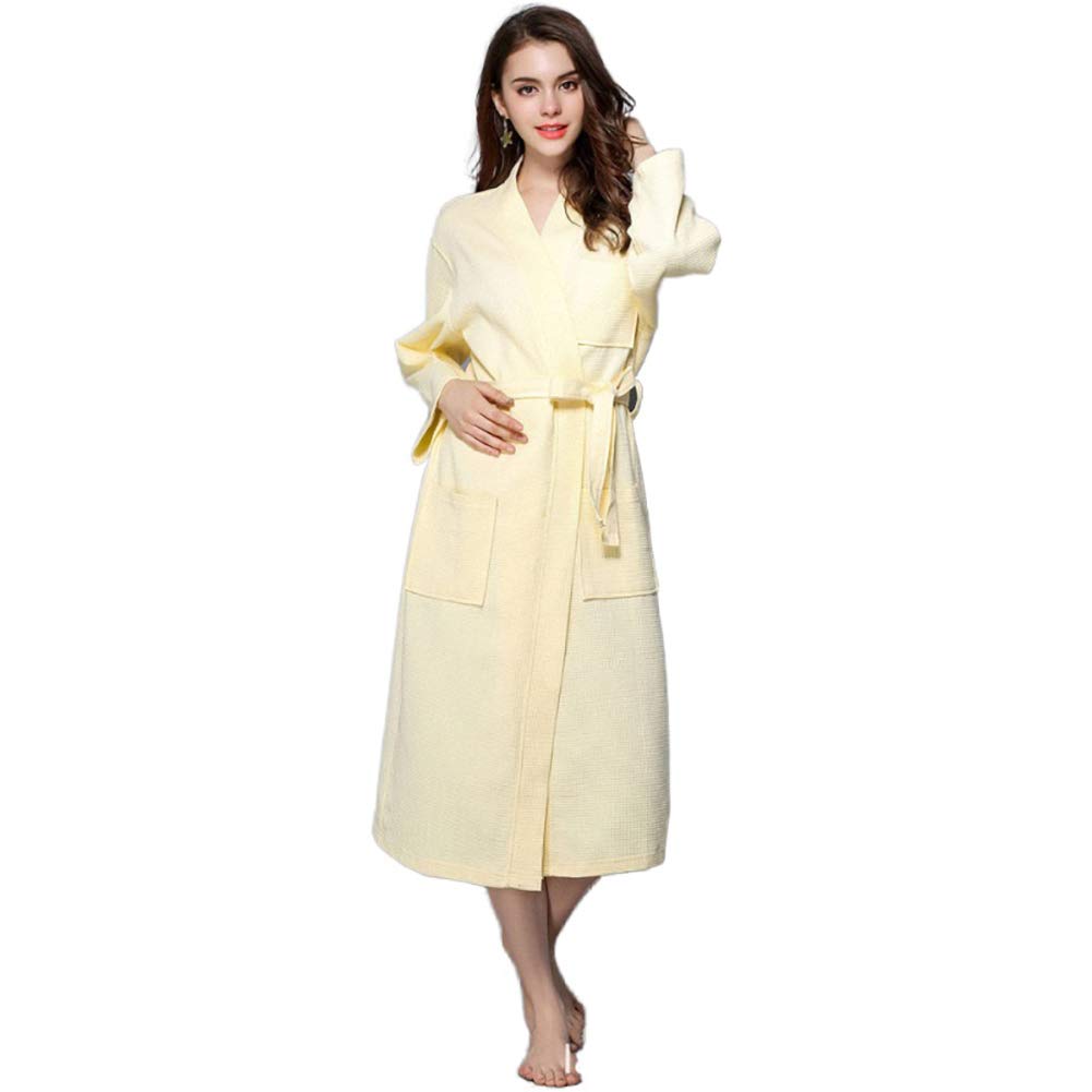 Unisex Cotton Waffle Bathrobe for Couples - Long Kimono Robe with Solid Color for Hotel, Spa & Sauna - Soft Loungewear & Home Relaxation - Yellow XL