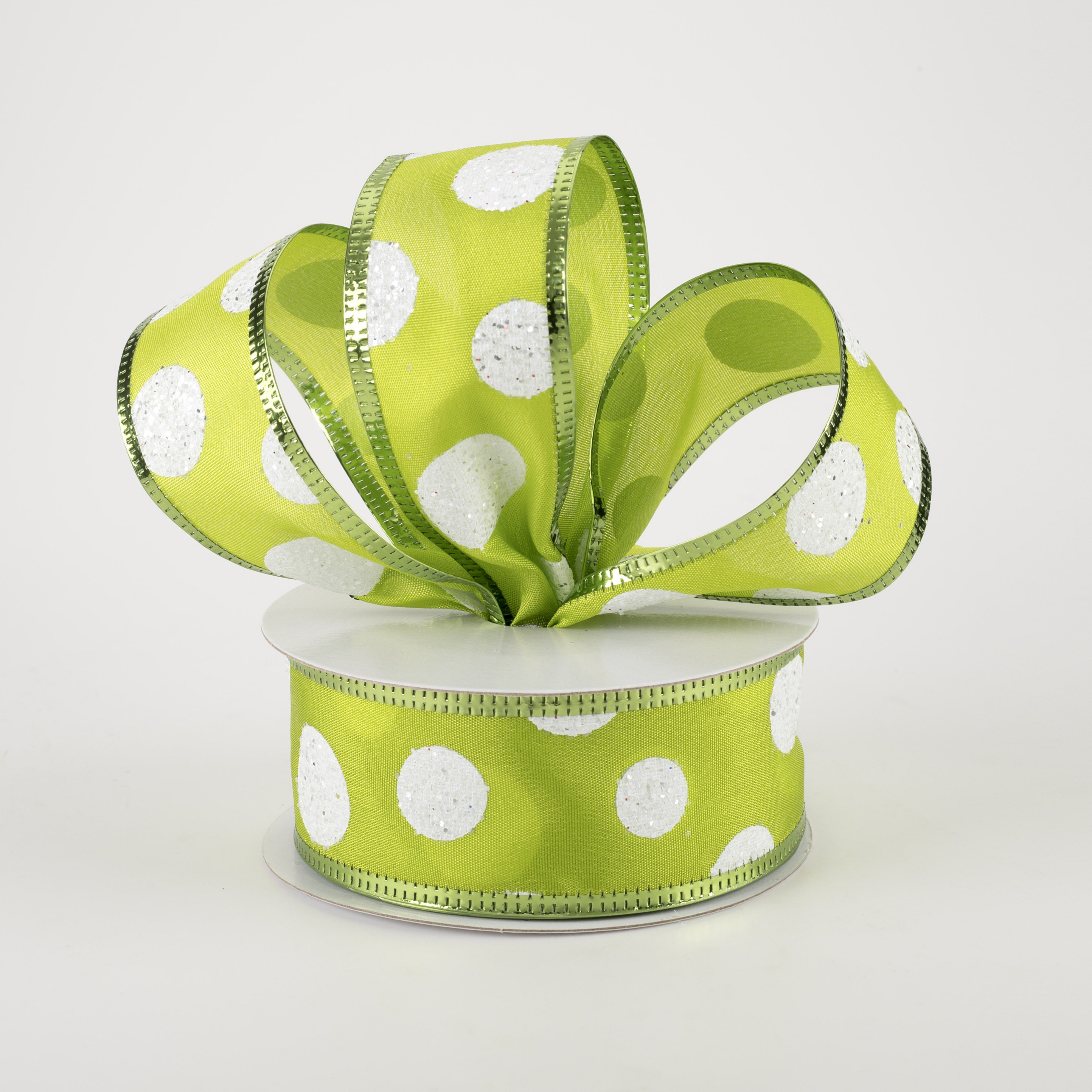 1.5 Inch Glitter Big White Dots Ribbon - Kiwi Green Decorative Ribbon (10 Yards) for Gift Wrapping, Party Decorations, DIY Crafts, and Scrapbooking