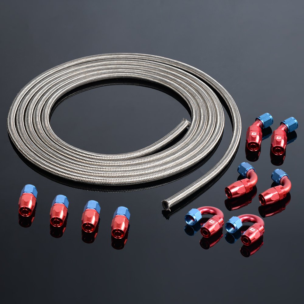 PIT66 AN10 16.4Ft Stainless Steel & Nylon Braided Fuel Line Hose Kit with Fitting Adapters (21mm OD, 14mm ID) - High Performance for Automotive, Marine & Industrial Fuel Systems