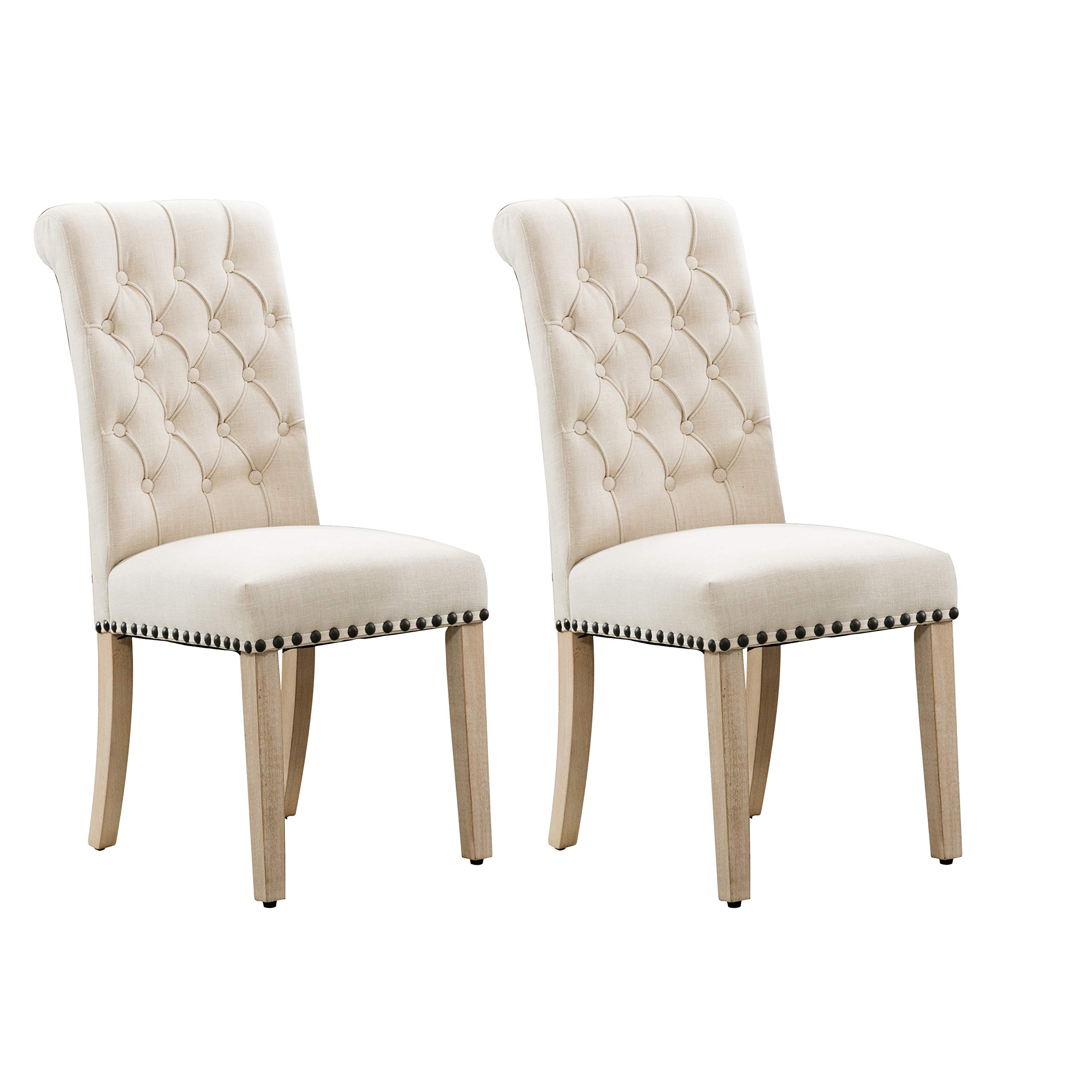 Premium Linen Dining Chairs Set of 2 - Thick Tufted Upholstery with Antique Brass Nail Trim - Elegant Beige Kitchen Chairs for Dining Room, Breakfast Nook & Farmhouse Decor