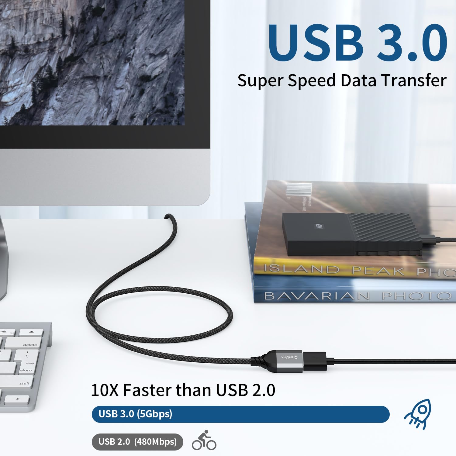 USB 3.0 Extension Cable 3.3FT - Nylon Braided High-Speed Data Sync & Charging Cord - Compatible with Webcam, Camera, Phone, Hub, Mouse, Keyboard, Printer, Hard Drive, Headset - Gray - Perfect for Home Office, Gaming Setup & Remote Work Accessories
