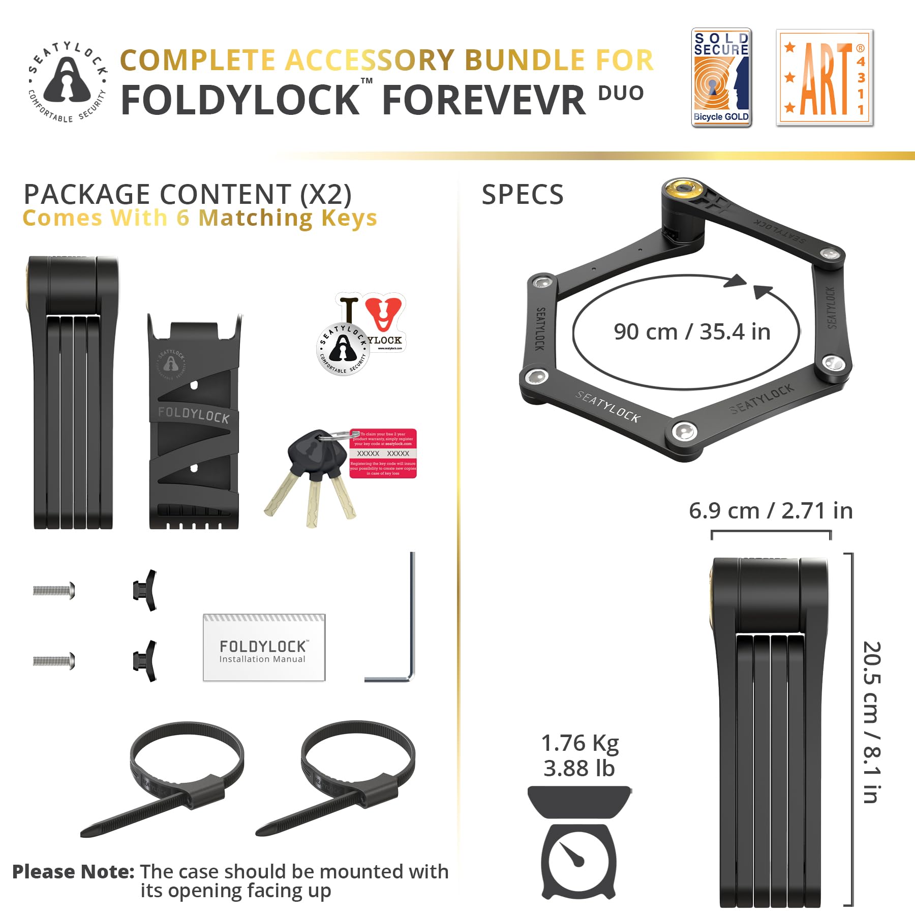 Seatylock FoldyLock Forever Folding Bike Lock Set - Patented Heavy Duty Anti-Theft Bicycle Locks (2 Pack) with 6 Keys & Case Mount - 35.4