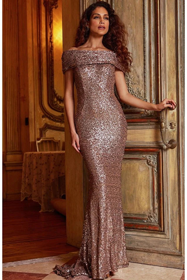 Jovani 22376 Taupe Sequin Embellished Off-the-Shoulder Evening Gown for Prom, Homecoming & Formal Events - Elegant Party Dress for Women