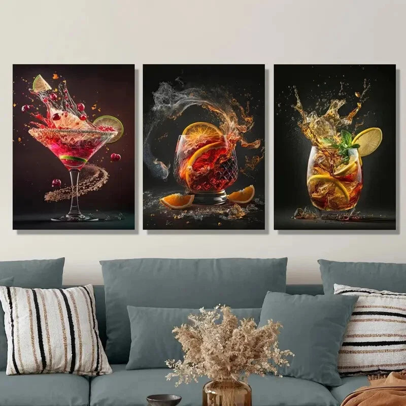 3-Piece Vibrant Beverage Artwork Metal Prints - Ready to Hang Wall Decor for Kitchen, Bar, or Dining Room - Perfect for Home & Office Decoration