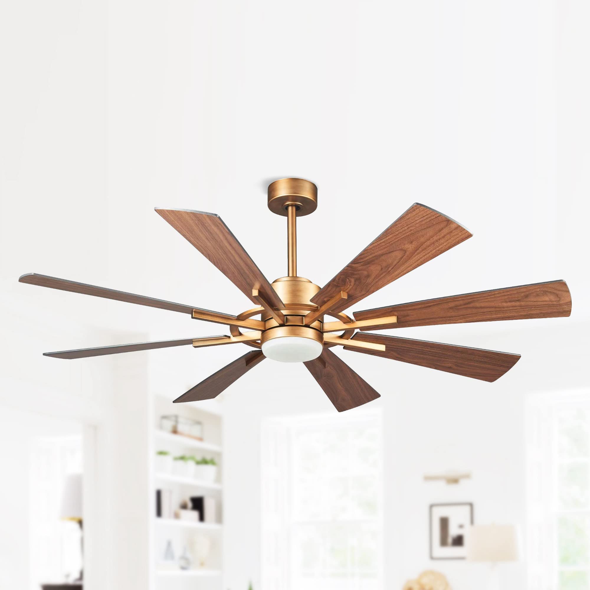 Parrot Uncle 60 Inch Large Ceiling Fan with LED Light and Remote Control - Gold Finish, Reversible DC Motor, 6 Speed Settings - Perfect for Living Room, Bedroom, and Outdoor Patio Cooling