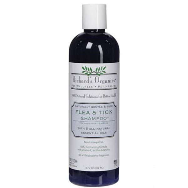 Richard's Organics Natural Flea & Tick Shampoo for Dogs & Cats - 12 oz | Gentle Formula with Essential Oils | Kills Fleas, Ticks & Larvae on Contact | Perfect for Bathing Pets After Outdoor Activities