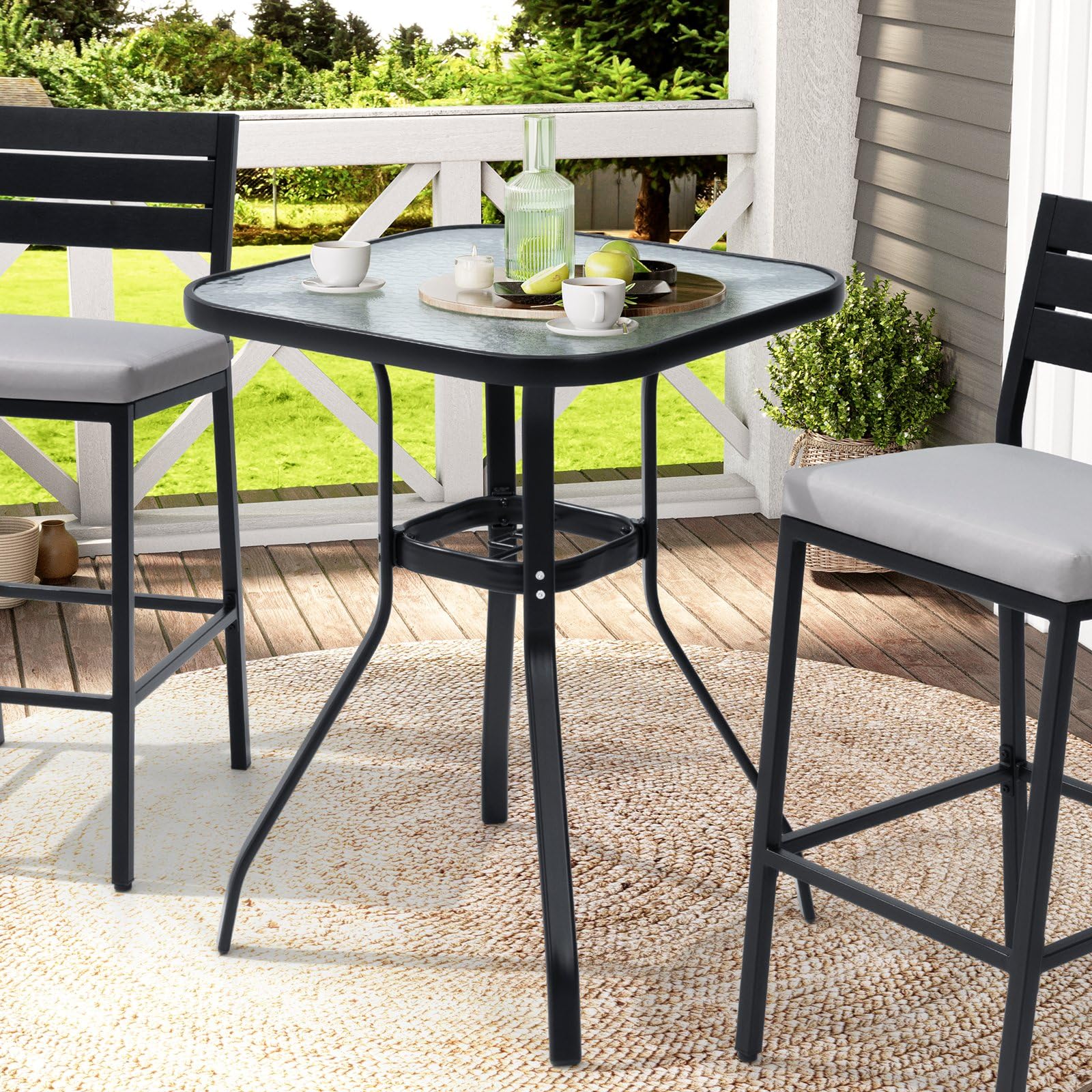 **Outdoor Bar Table with Umbrella Hole - Aluminum Frame & Tempered Glass Top Patio Dining Bistro Table - Durable Banquet Furniture for Garden, Pool, Deck, Lawn (Black) - Perfect for Outdoor Entertaining & Relaxation**