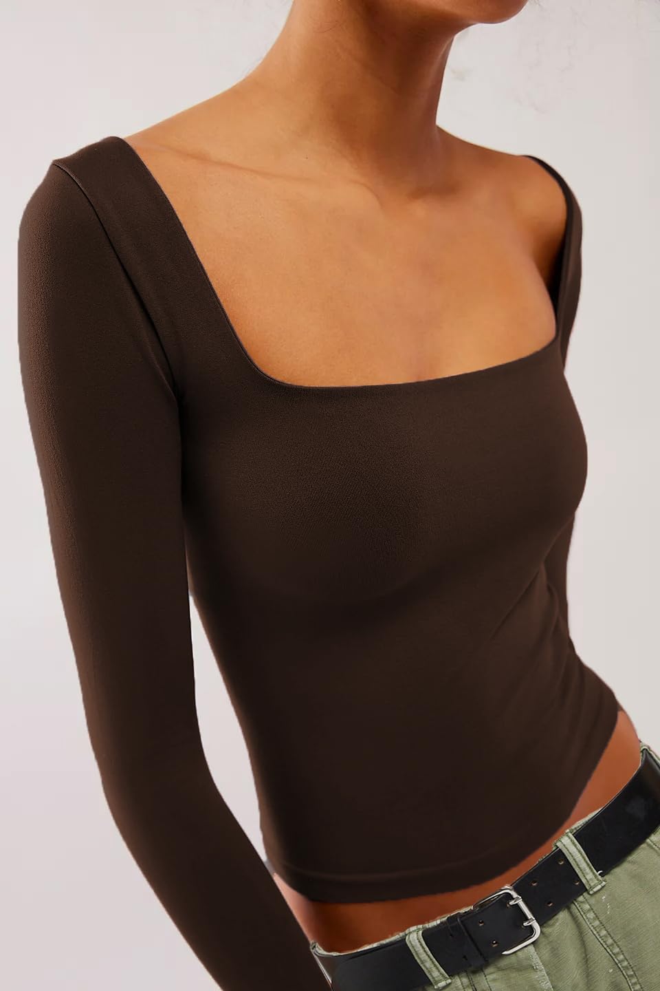 Women's Long Sleeve Square Neck T-Shirt - Double Lined Y2K Crop Top for Going Out | Slim Fit Tight Shirt for Parties, Dates & Nightlife Fashion