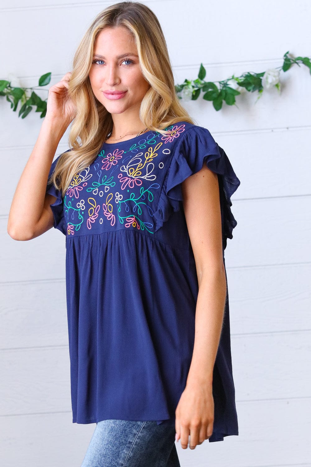 Navy Blue Floral Embroidered Flutter Sleeve Blouse for Women - Elegant Boho Chic Tunic Top for Casual Wear, Date Night & Summer Outfits